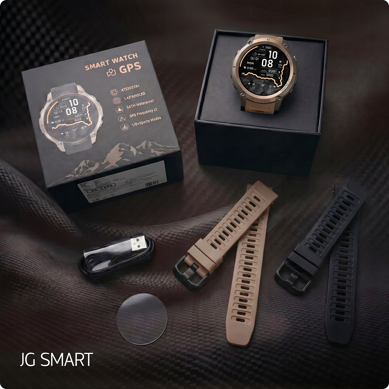 Zestaw smartwatch z zegarkiem, kablem ładującym, dwoma paskami i folią ochronną.
