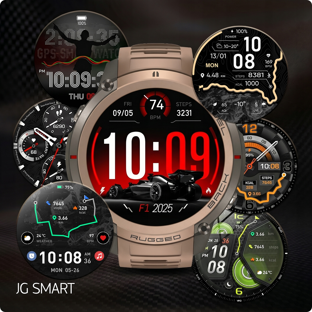 Kolaż tarcz smartwatch wyświetlających różne informacje.