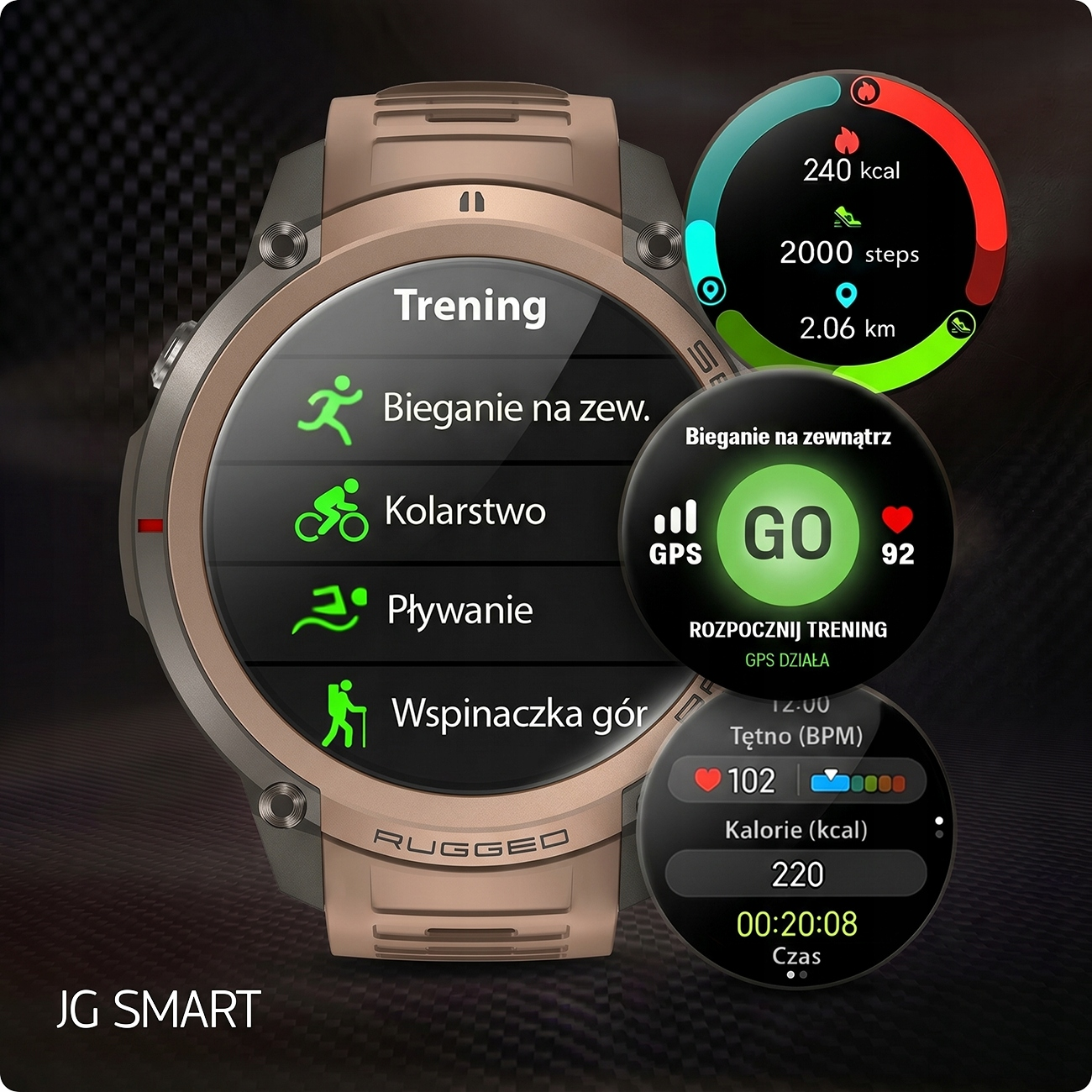 Beżowy smartwatch wyświetlający tryby sportowe. Na ekranie widoczne są opcje Trening, Bieganie, Kolarstwo i Pływanie.