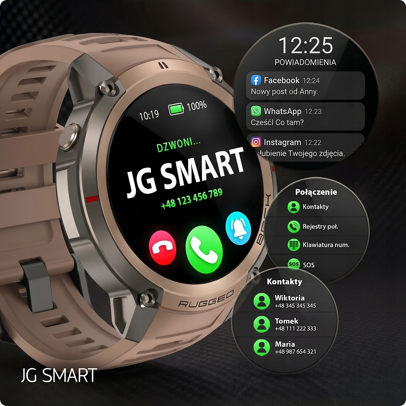 Beżowy, wytrzymały smartwatch wyświetla połączenia i powiadomienia. Godzina 10:19.