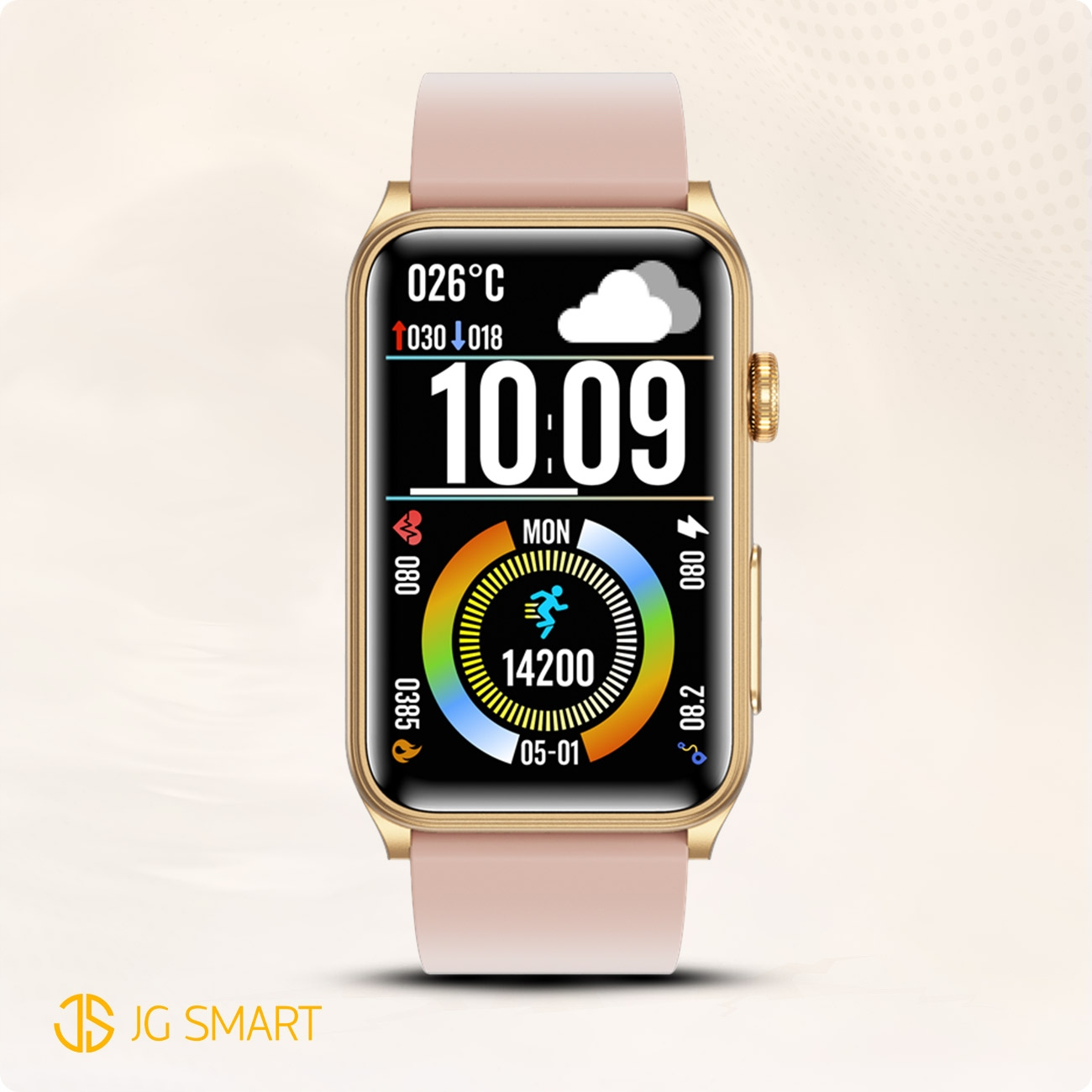 Złoty smartwatch z różową bransoletą, pokazuje 10:09, 26°C, 14200 kroków.