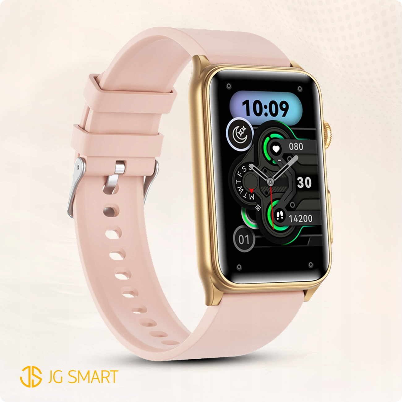 Różowy smartwatch ze złotą ramką wyświetla 10:09. Pokazano tętno i kroki.