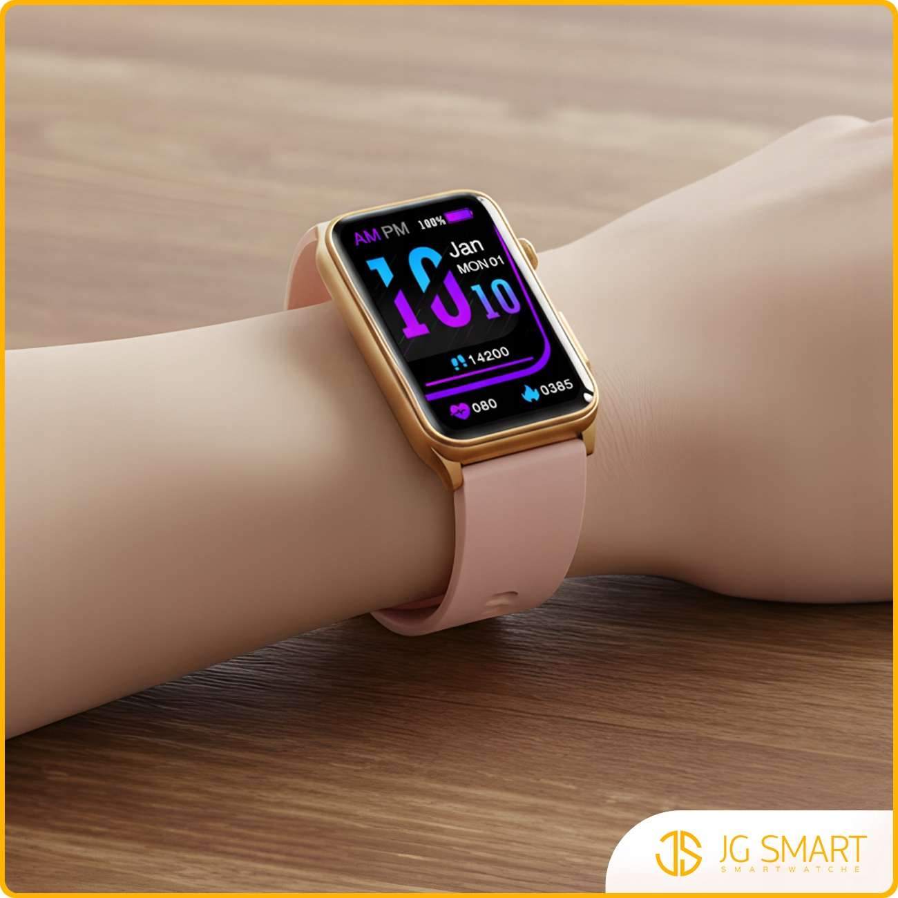 Złoty smartwatch z różową bransoletą wyświetla godzinę, datę i dane fitness.