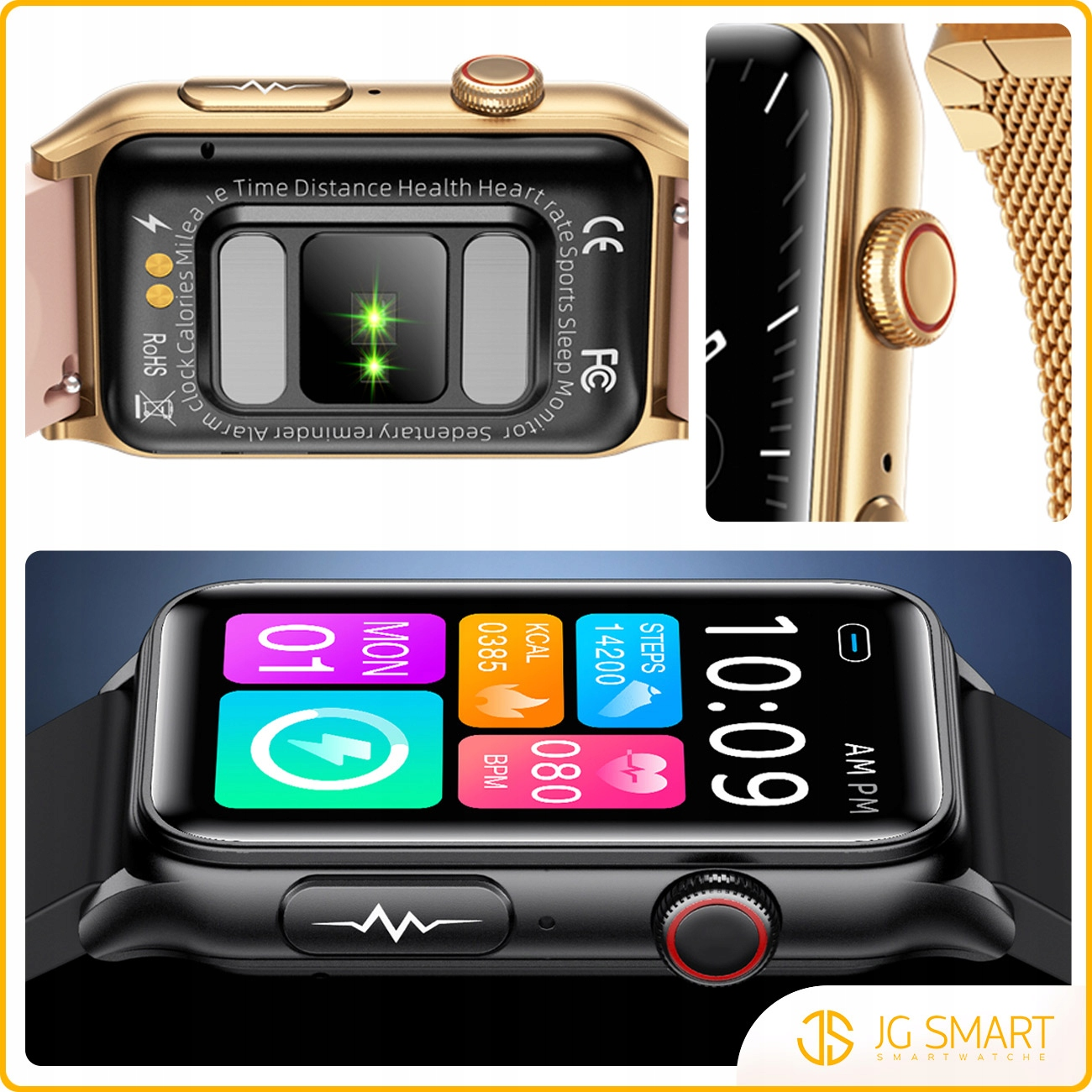 Złoty smartwatch wyświetlający tętno, kroki, kalorie i czas.