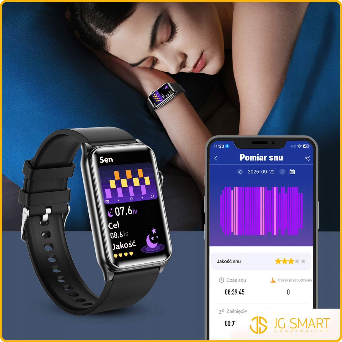 Kobieta śpi, a smartwatch wyświetla dane dotyczące snu.