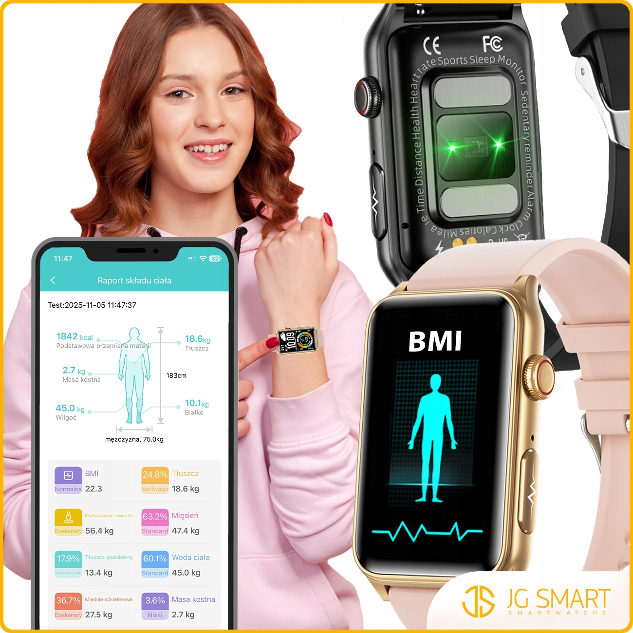 Kobieta pokazuje smartwatch z danymi BMI i składu ciała na telefonie.