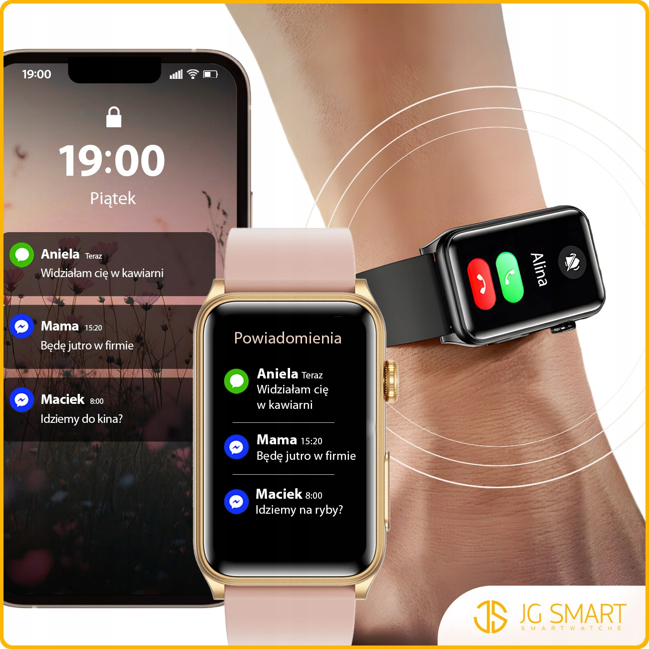 Złoty smartwatch z różową bransoletą i czarny smartwatch na nadgarstku. Wyświetlane są powiadomienia.