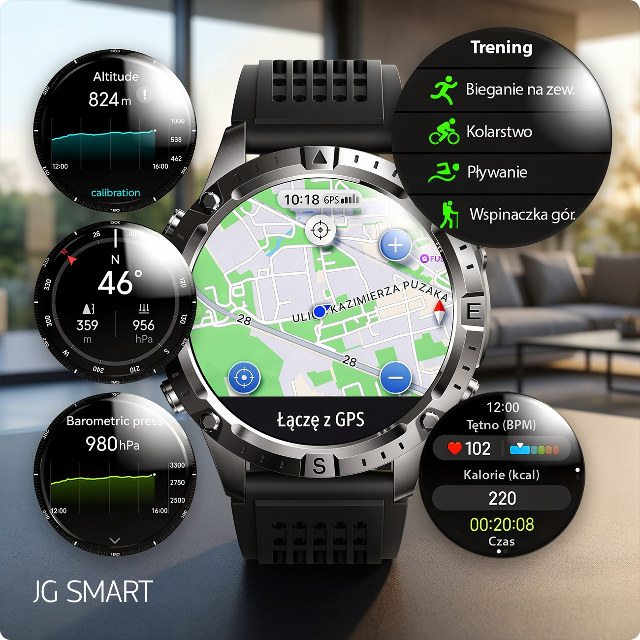 Smartwatch wyświetlający wysokość, mapę, opcje treningowe i statystyki zdrowotne.