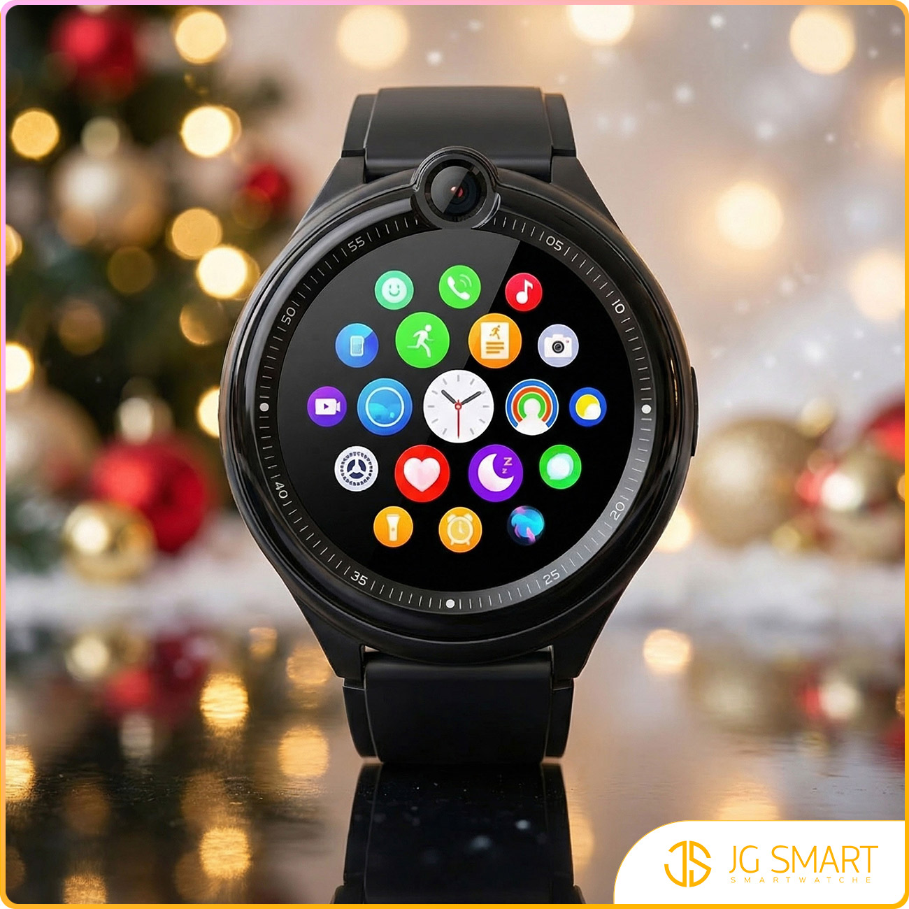 Czarny smartwatch z ikonami aplikacji na ekranie, rozmazane tło świąteczne.