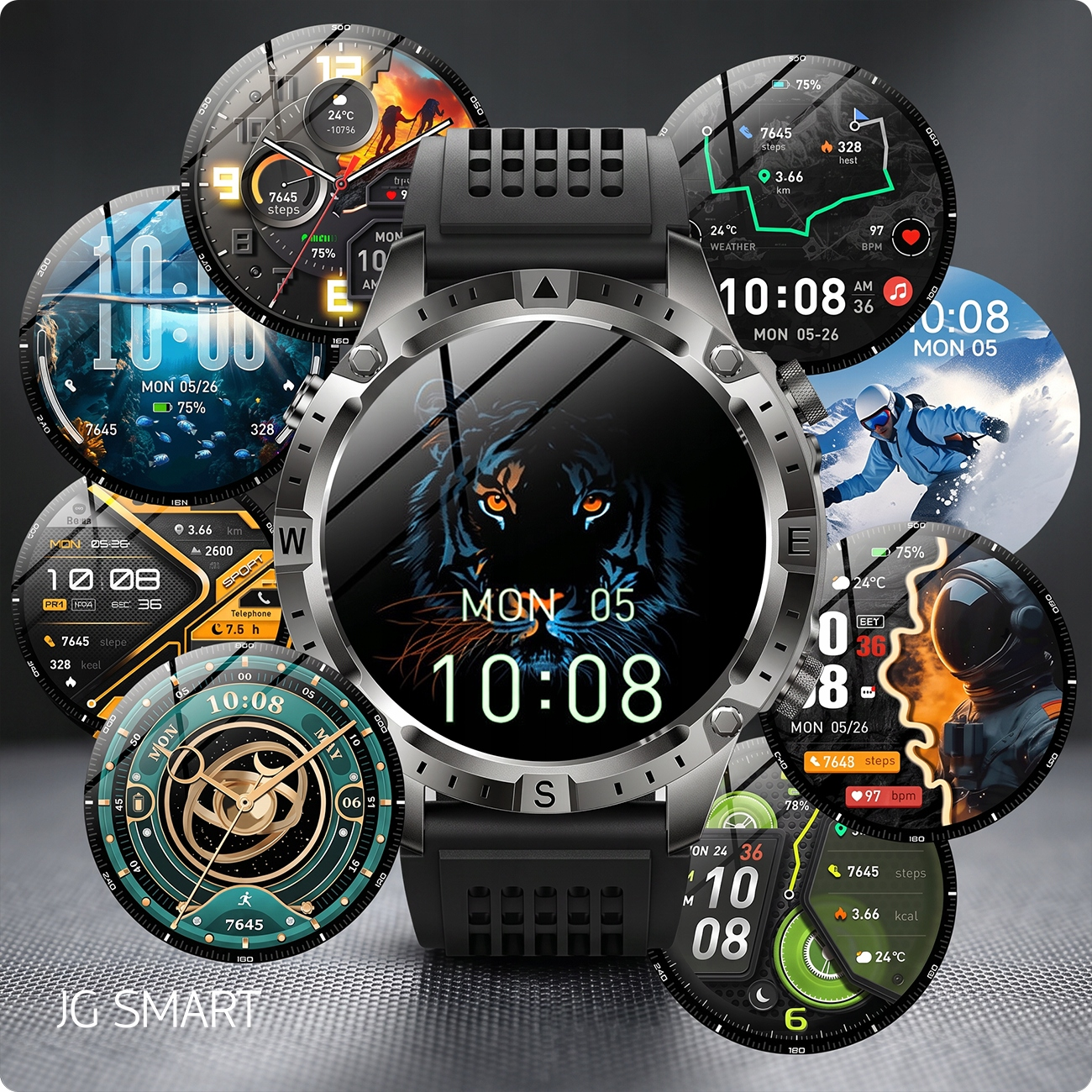 Kolaż tarcz smartwatch prezentujący różne projekty i informacje.