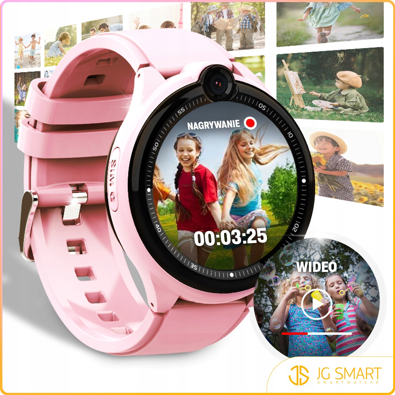 Różowy smartwatch wyświetla wideo dzieci dmuchających bańki, z innymi obrazami.