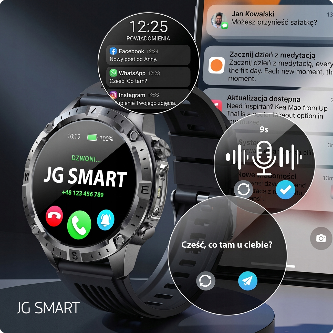 Szary smartwatch wyświetla powiadomienia i połączenia. Widoczne liczne powiadomienia telefonu.