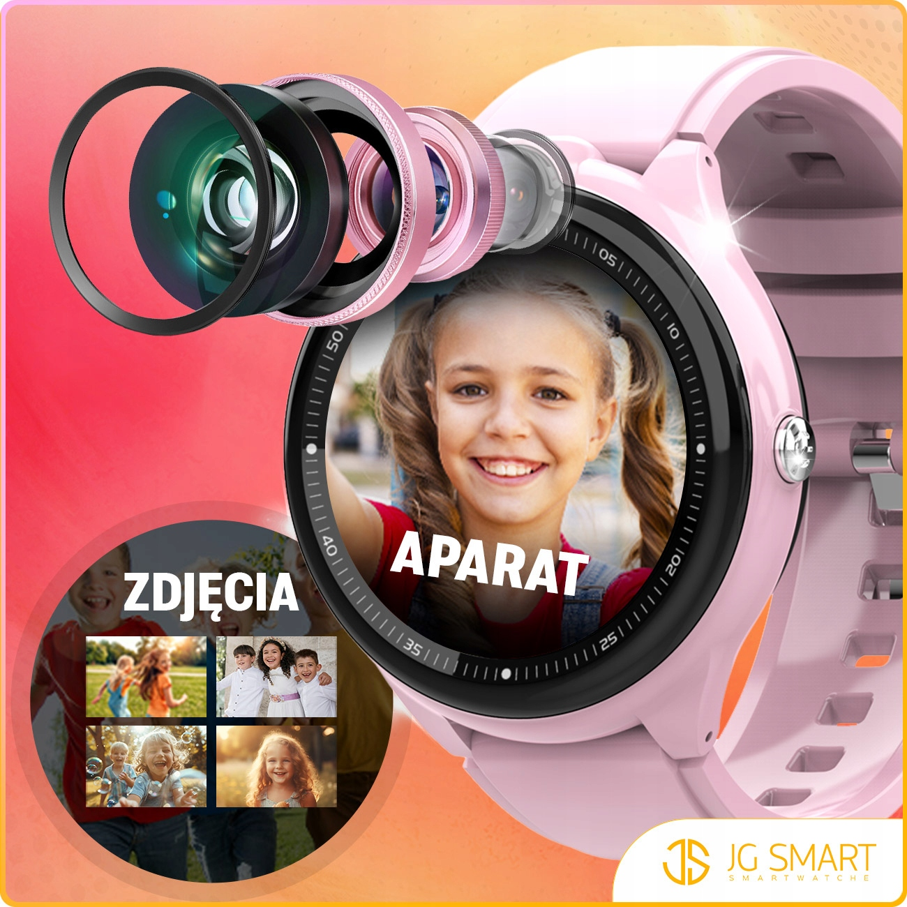 Zbliżenie różowego smartwatcha z zdjęciem dziewczynki i soczewkami aparatu.