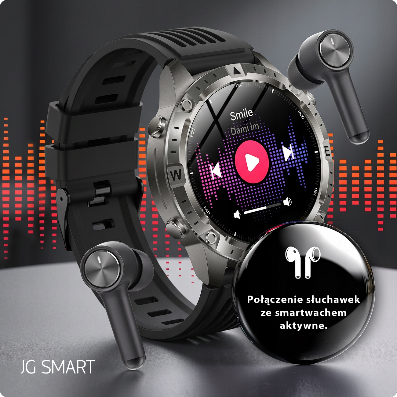 Szary smartwatch z czarnymi słuchawkami na tle korektora muzycznego.