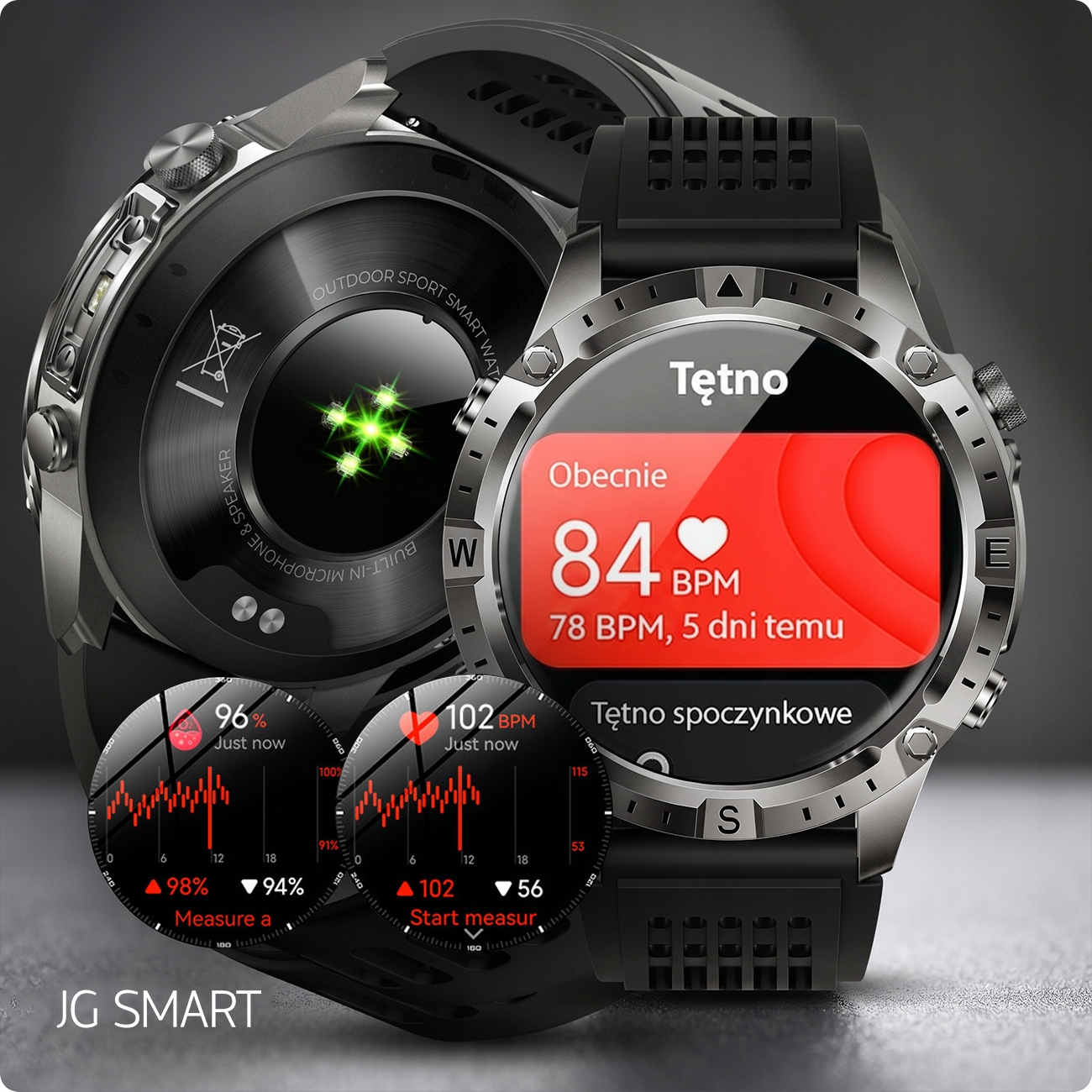 Srebrny i czarny smartwatch wyświetlający tętno i dwie mniejsze tarcze.