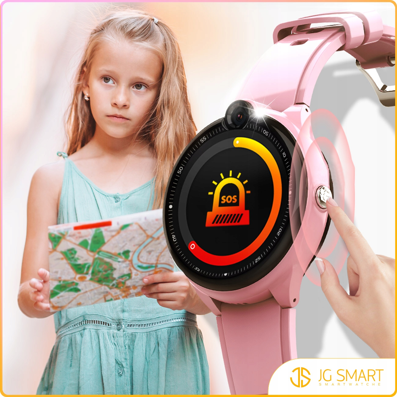 Dziewczynka w turkusowej sukience trzyma mapę. Różowy smartwatch z wyświetlaczem SOS jest naciskany.