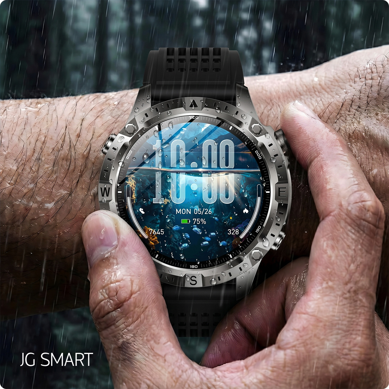 Zegarek typu smartwatch wyświetlający 10:00 z podwodnym tłem.