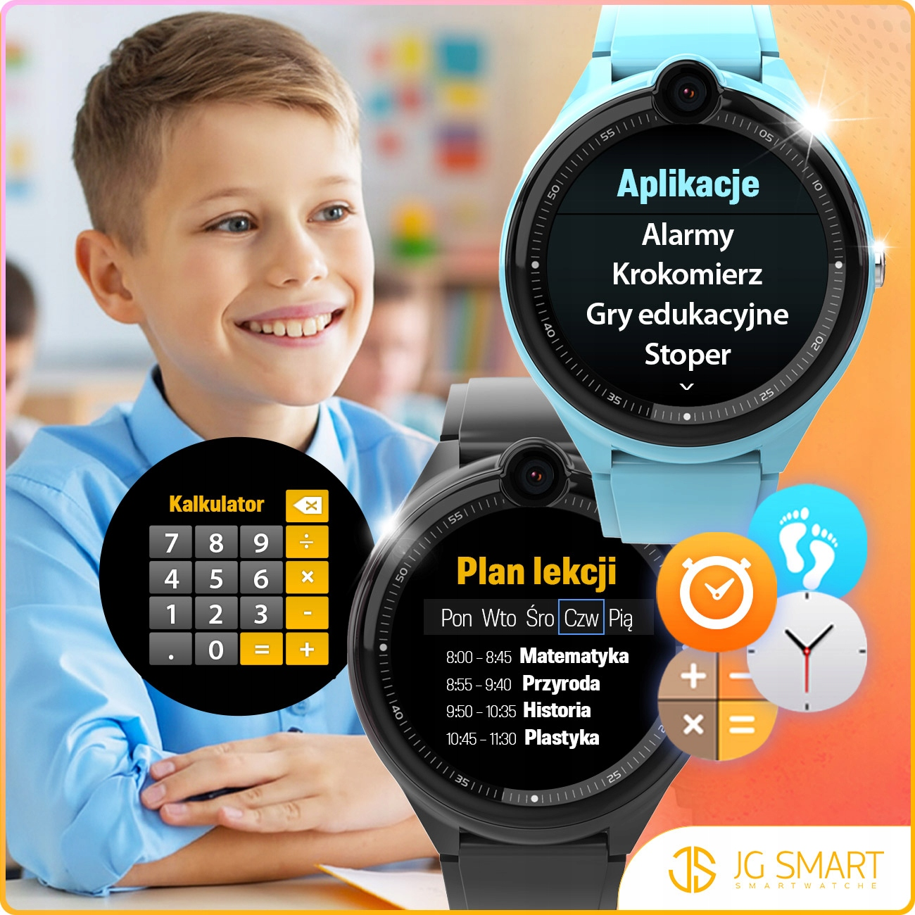 Uśmiechnięty chłopiec obok dwóch smartwatchów pokazujących aplikacje jak kalkulator i plan lekcji.