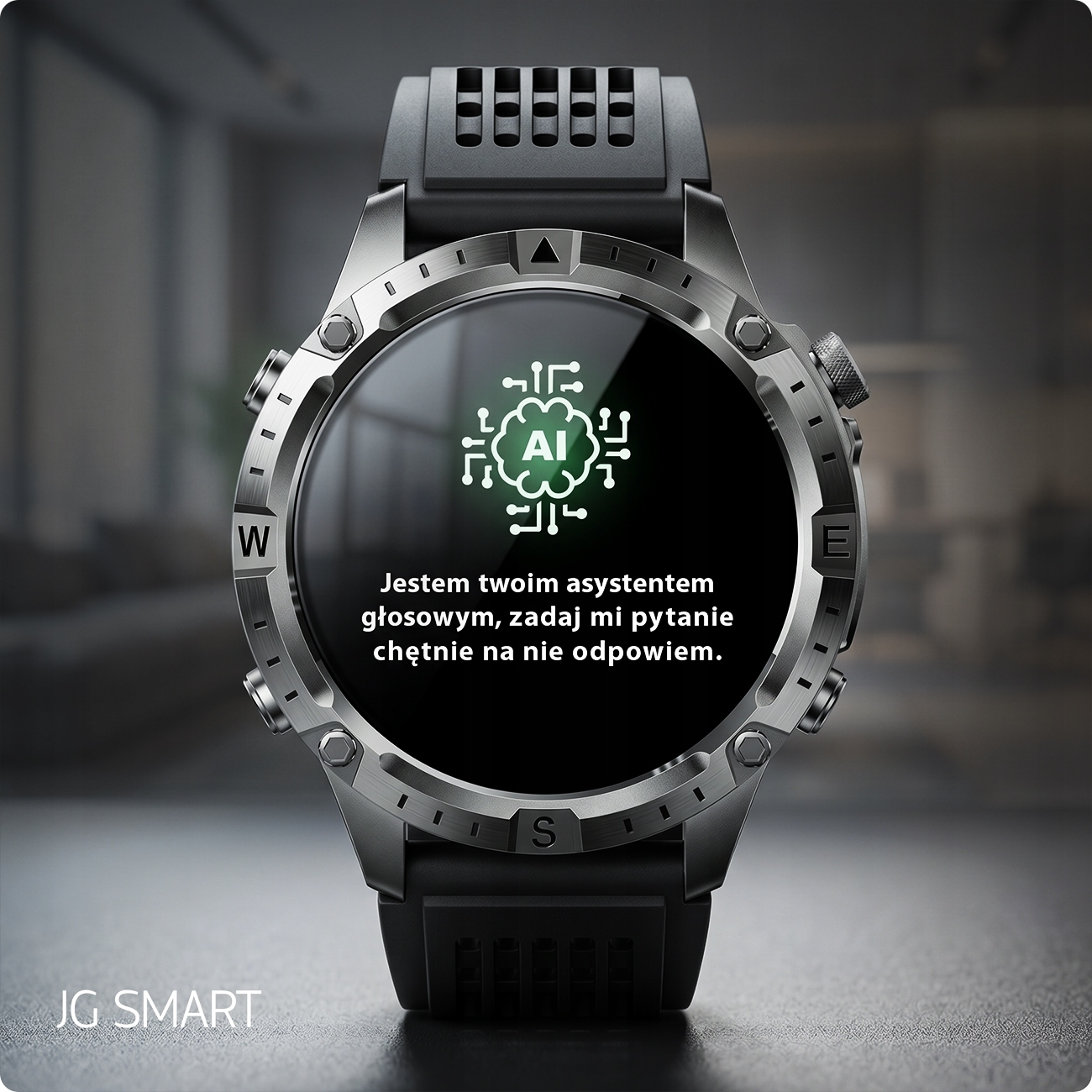 Szara smartwatch z ikoną AI i polskim tekstem na ekranie.