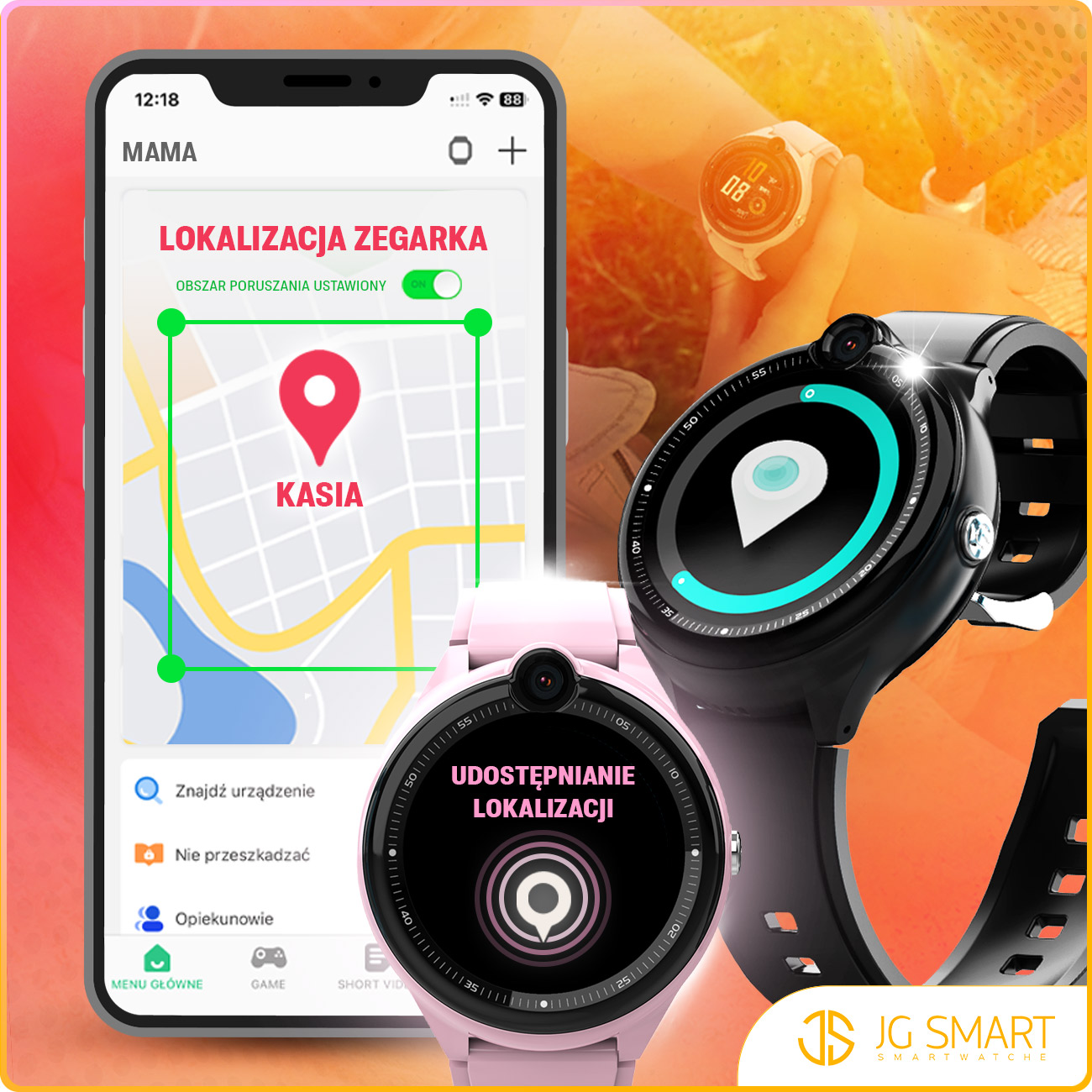 Smartfon pokazuje mapę z lokalizacją; obok różowe i czarne smartwatche.