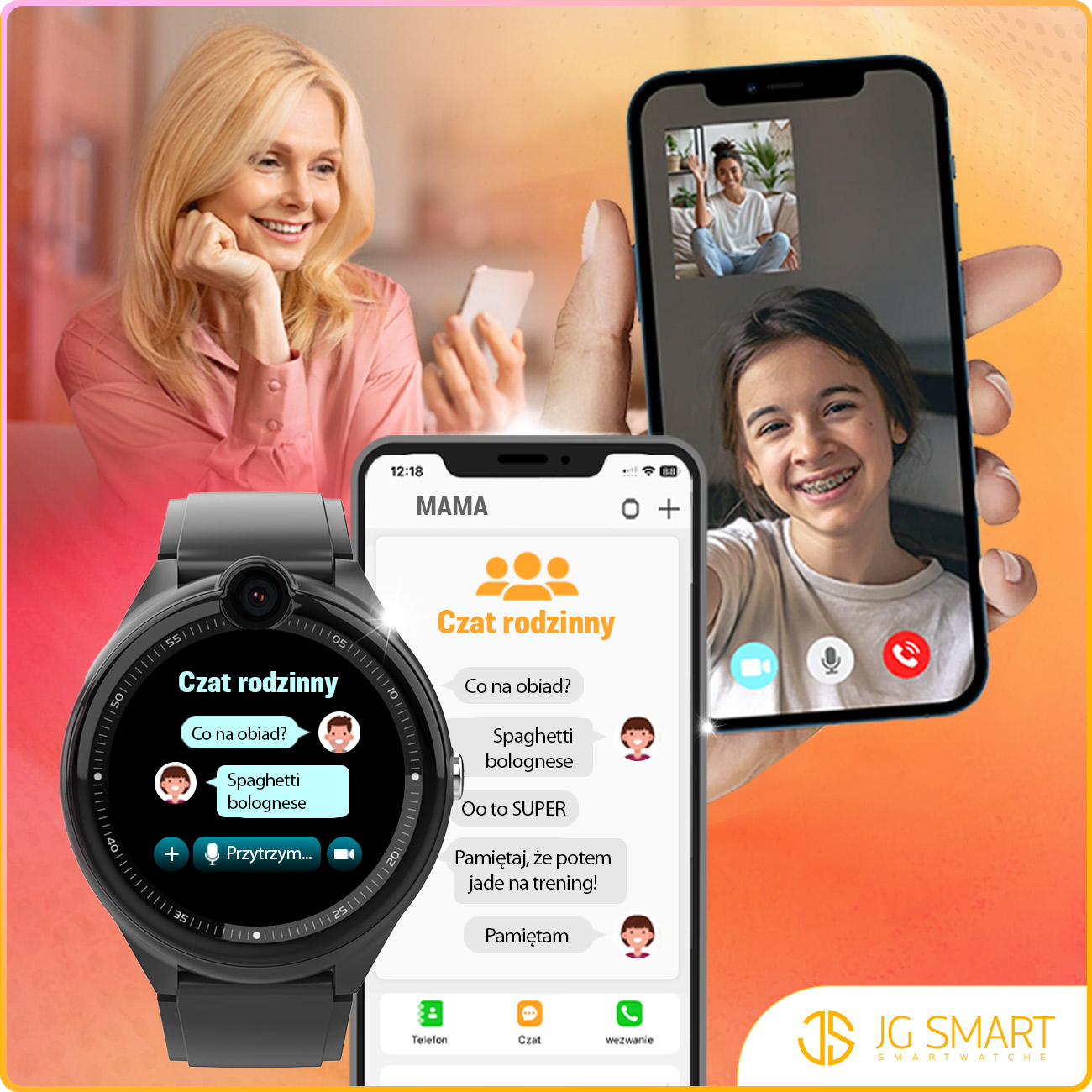Kobieta i dziewczynka na rozmowie wideo, smartwatch i telefon.