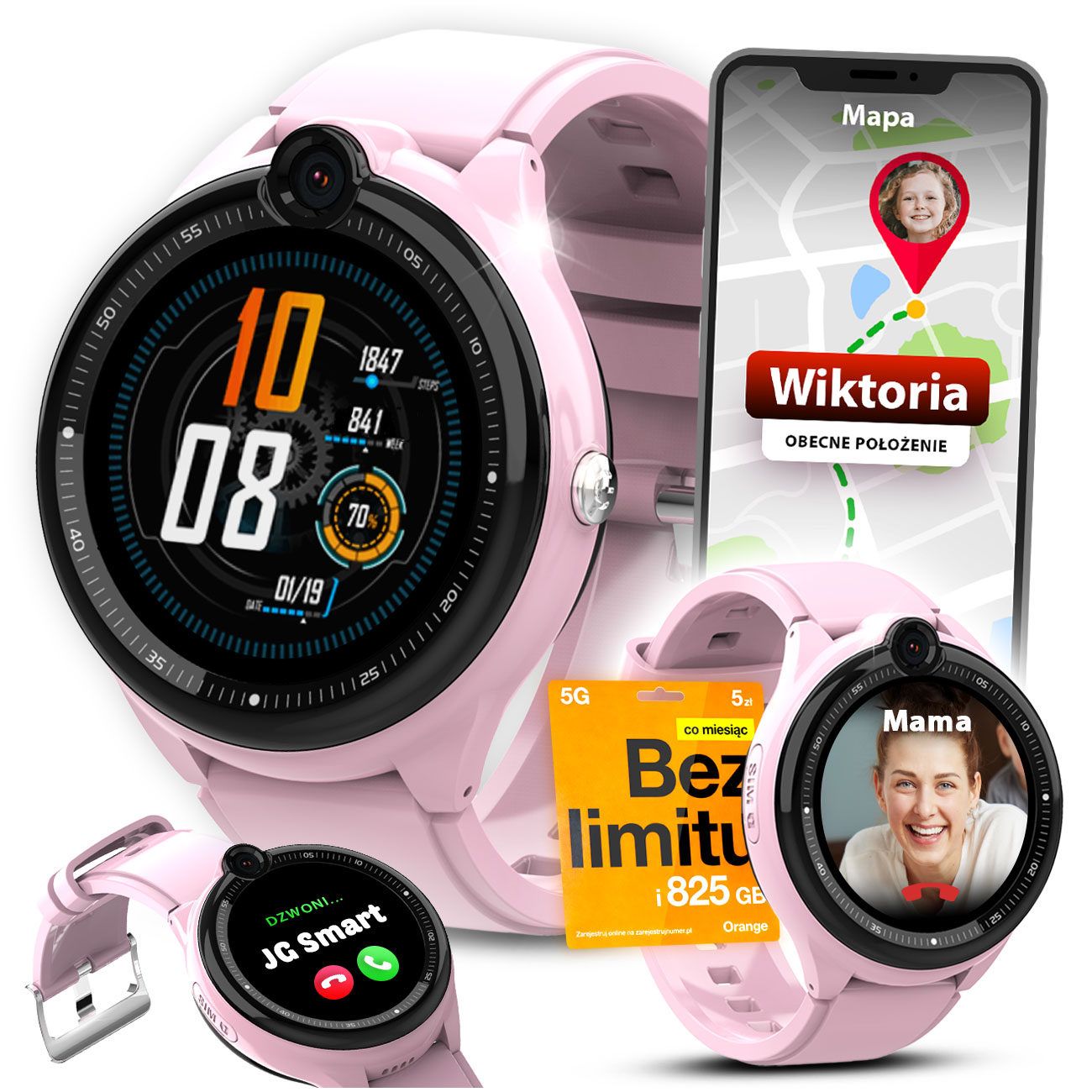 Różowy smartwatch z telefonem i kartą SIM, pokazujący czas, kroki i mapę.