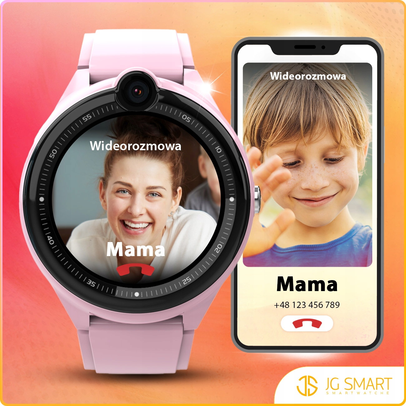 Różowy smartwatch wyświetla ekran rozmowy wideo kobiety. Smartfon pokazuje chłopca na rozmowie wideo.