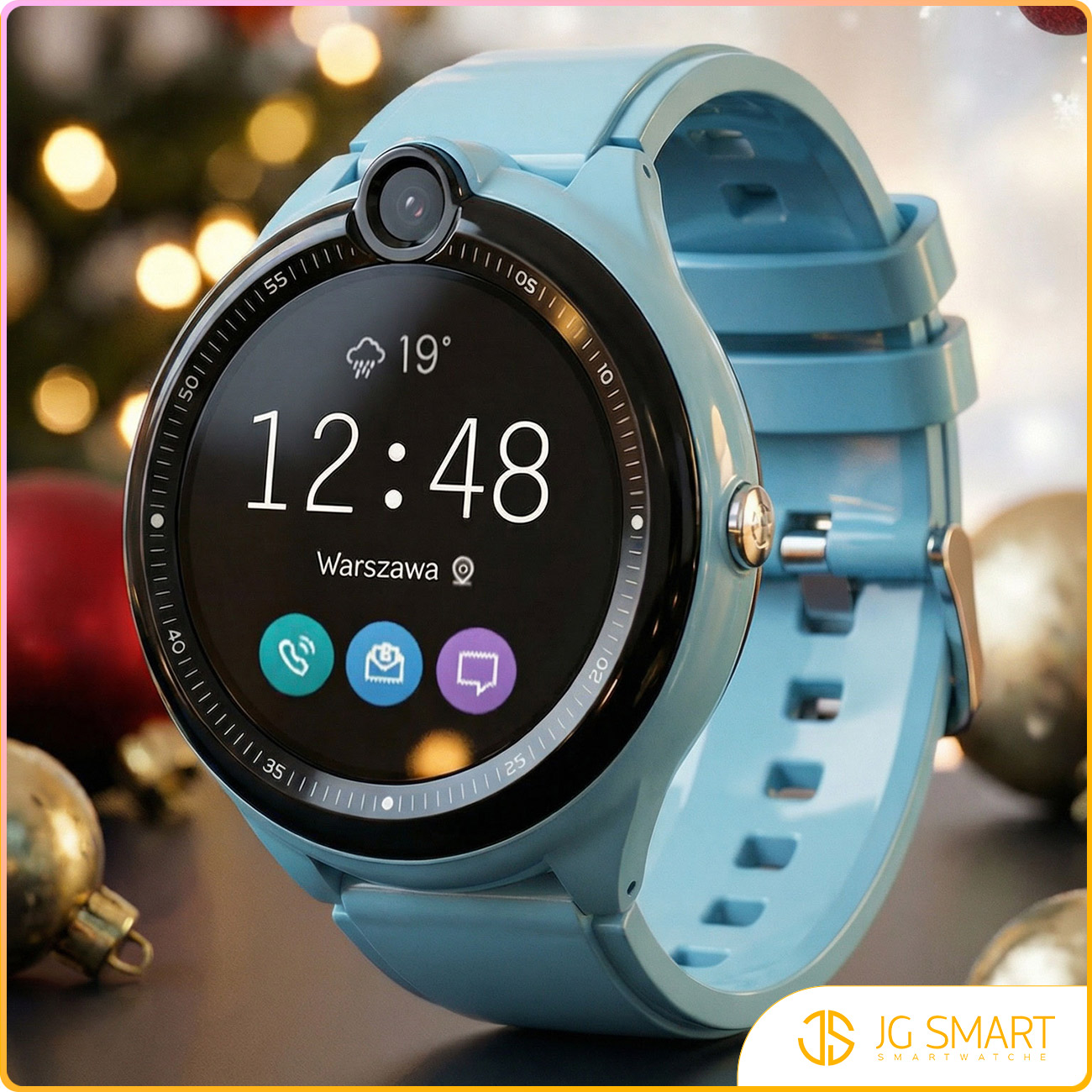 Jasnoniebieski smartwatch z kamerą i wyświetlanym czasem.