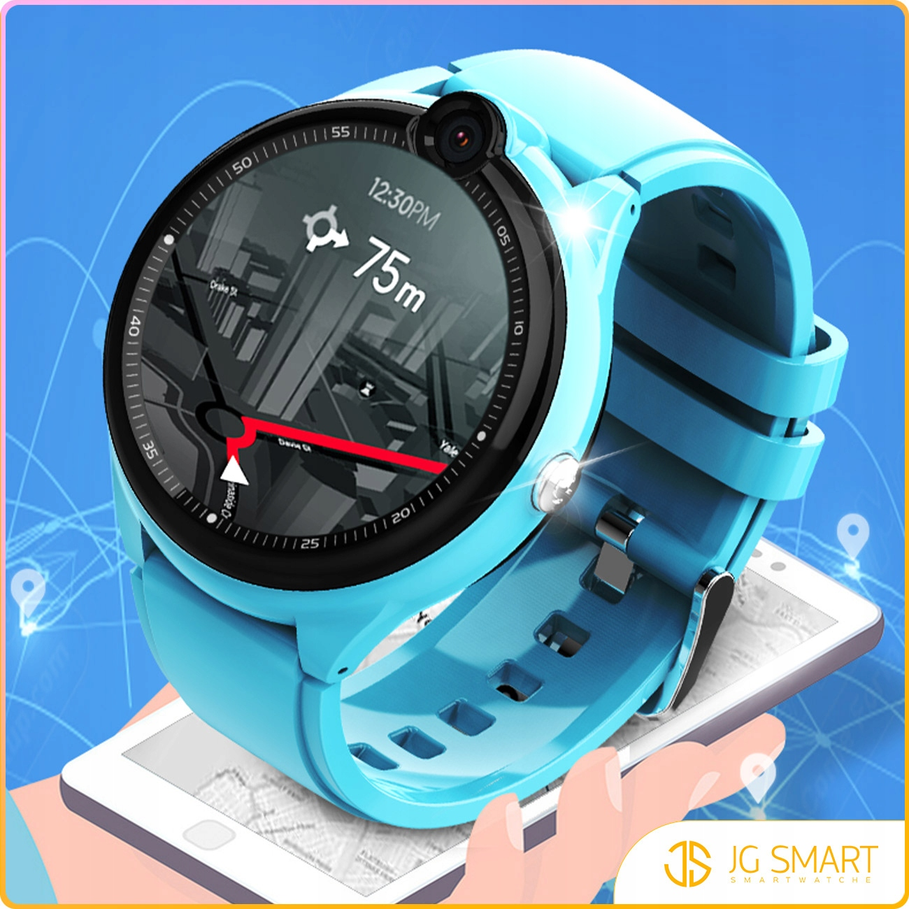 Jasnoniebieski smartwatch wyświetlający aplikację nawigacyjną na smartfonie.