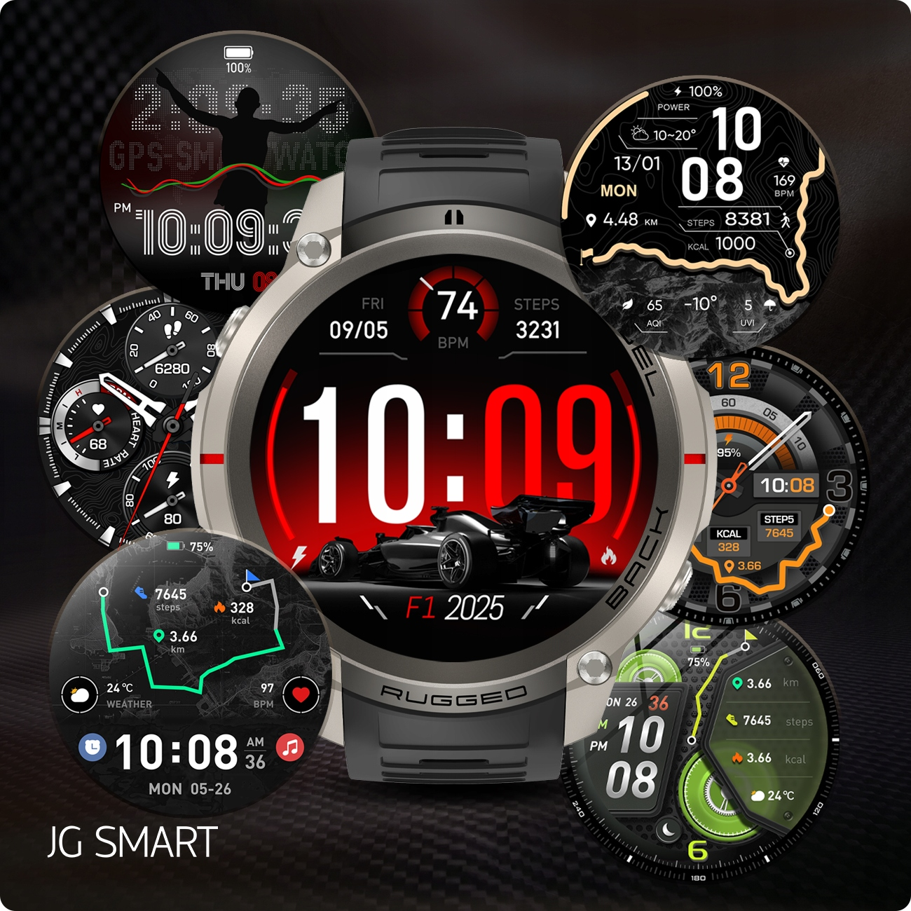 Tarcze smartwatch z samochodem F1, pogodą, tętmem i śledzeniem aktywności.