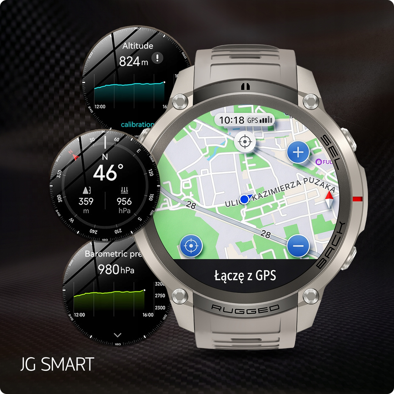 Wytrzymały srebrny smartwatch z mapą, wysokością, kompasem i barometrem.