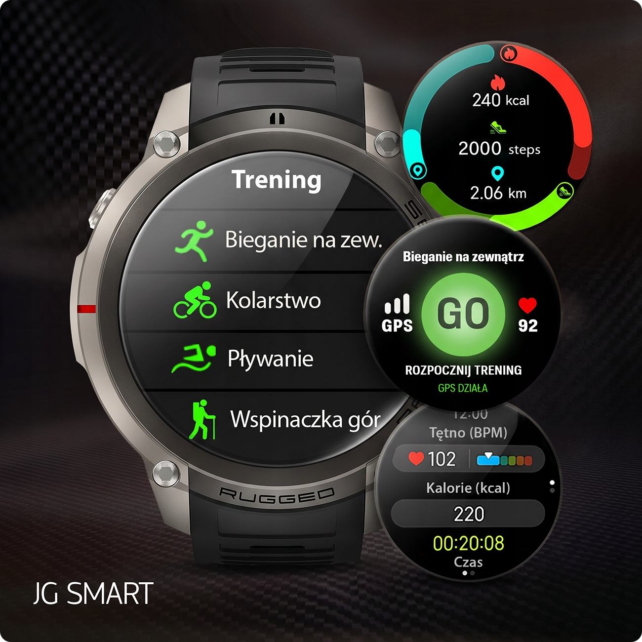 Smartwatch z menu treningowym: bieganie, rower, pływanie, wspinaczka. Aktualne: 240 kcal, 2000 kroków, 2,06 km.