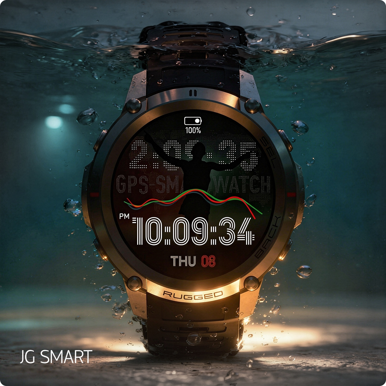 Wytrzymały smartwatch GPS zanurzony w wodzie, pokazujący czas i aktywność.