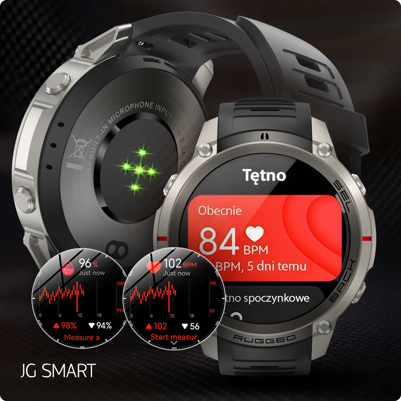 Srebrny smartwatch z czarnym paskiem wyświetla dane tętna.
