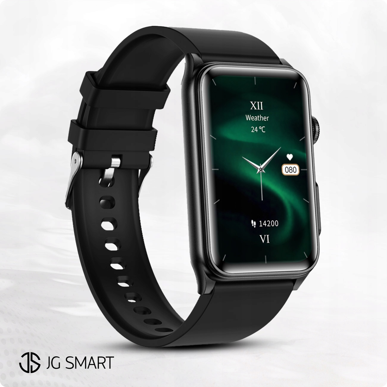 Czarny smartwatch z prostokątnym, ciemnym wyświetlaczem pokazującym pogodę i kroki.