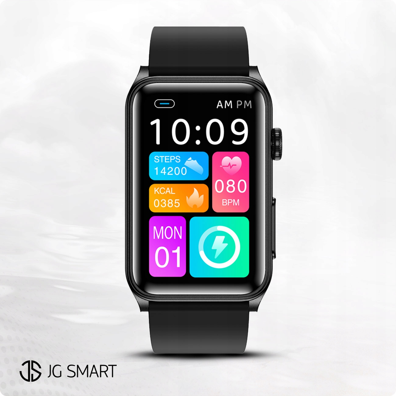 Czarny smartwatch wyświetla 10:09, 14200 kroków, 0385 kcal i 080 BPM tętna.