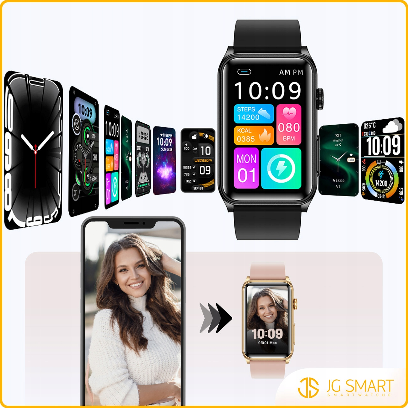 Wyświetlacz smartwatch z aplikacjami, czasem, krokami, kaloriami, pogodą. Telefon pokazuje kobietę, zegarek ma złoty pasek.