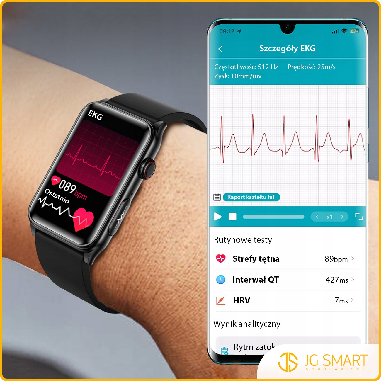 Smartwatch na nadgarstku wyświetla dane EKG, obok smartfon z aplikacją EKG.
