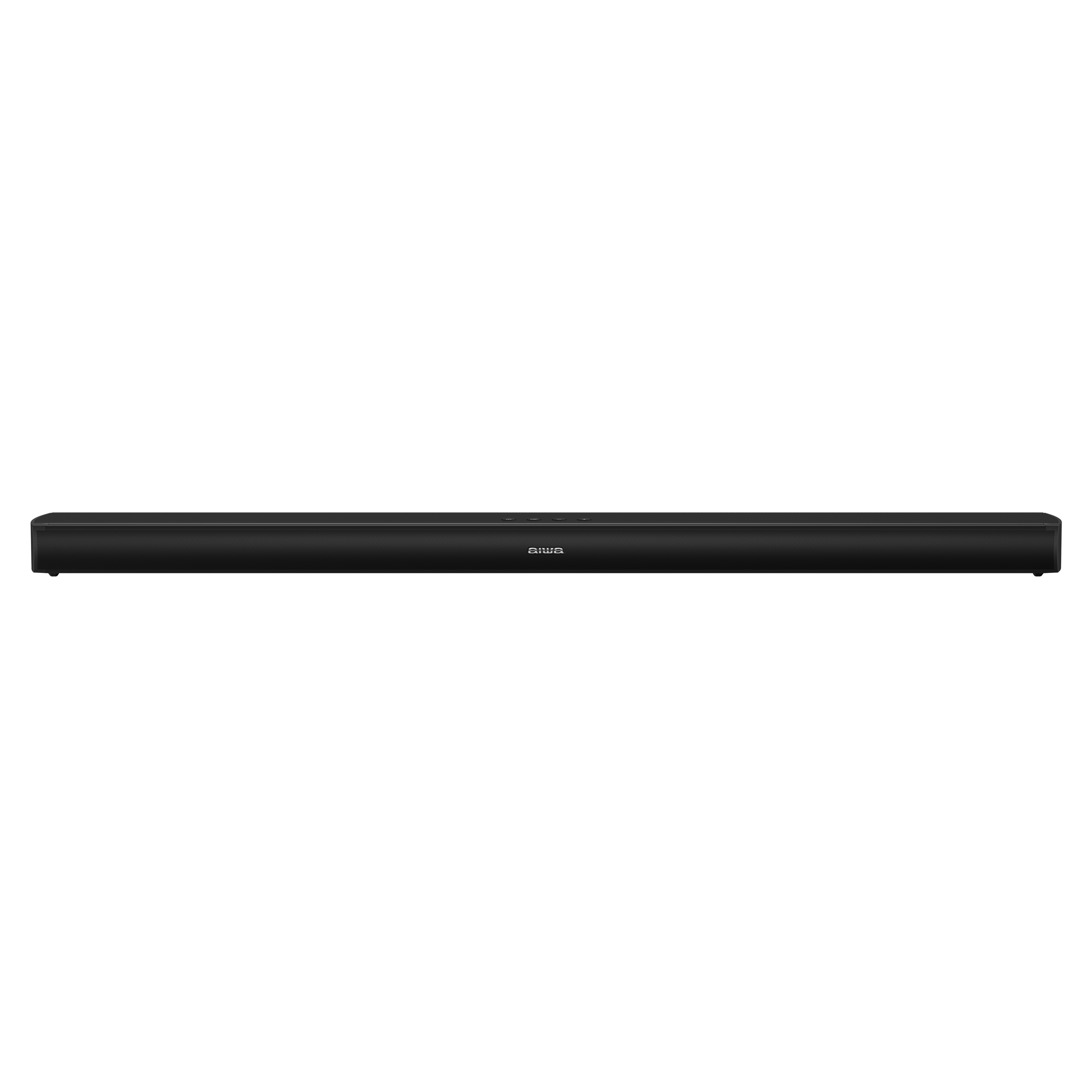 Czarny soundbar z przyciskami na gorze i logo AIWA po srodku.