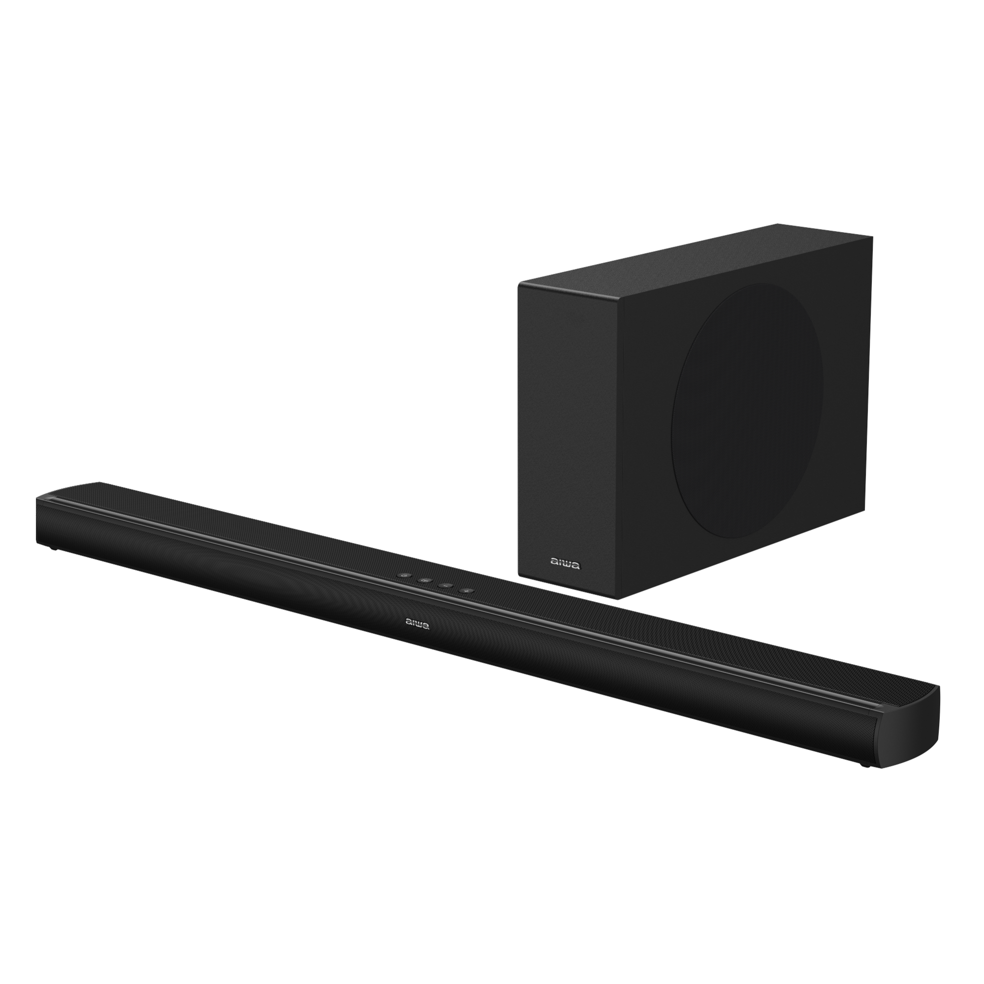Czarna listwa dźwiękowa i subwoofer Aiwa na białym tle.