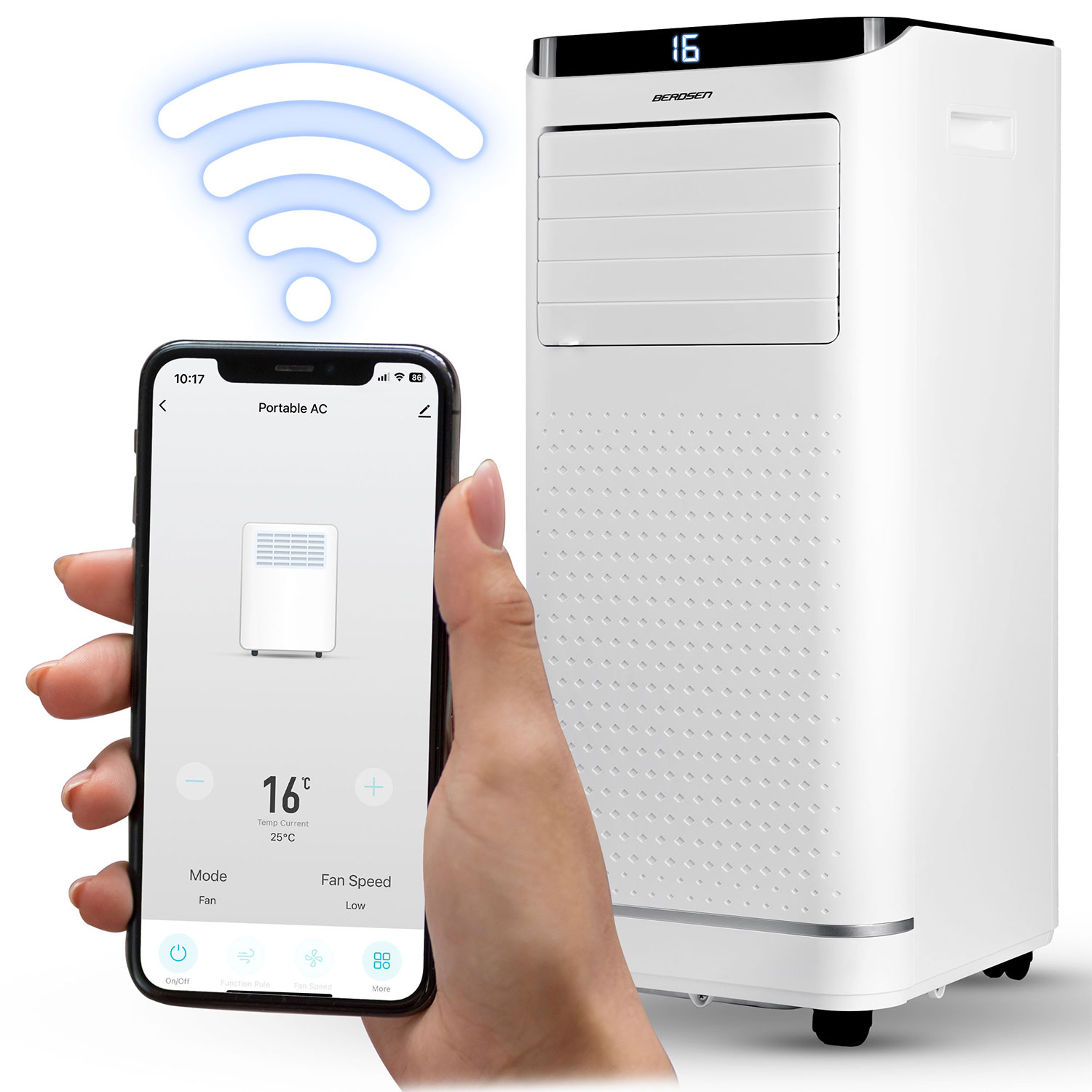 Biała przenośna wieża klimatyzacyjna sterowana przez aplikację na smartfona z symbolem WiFi.