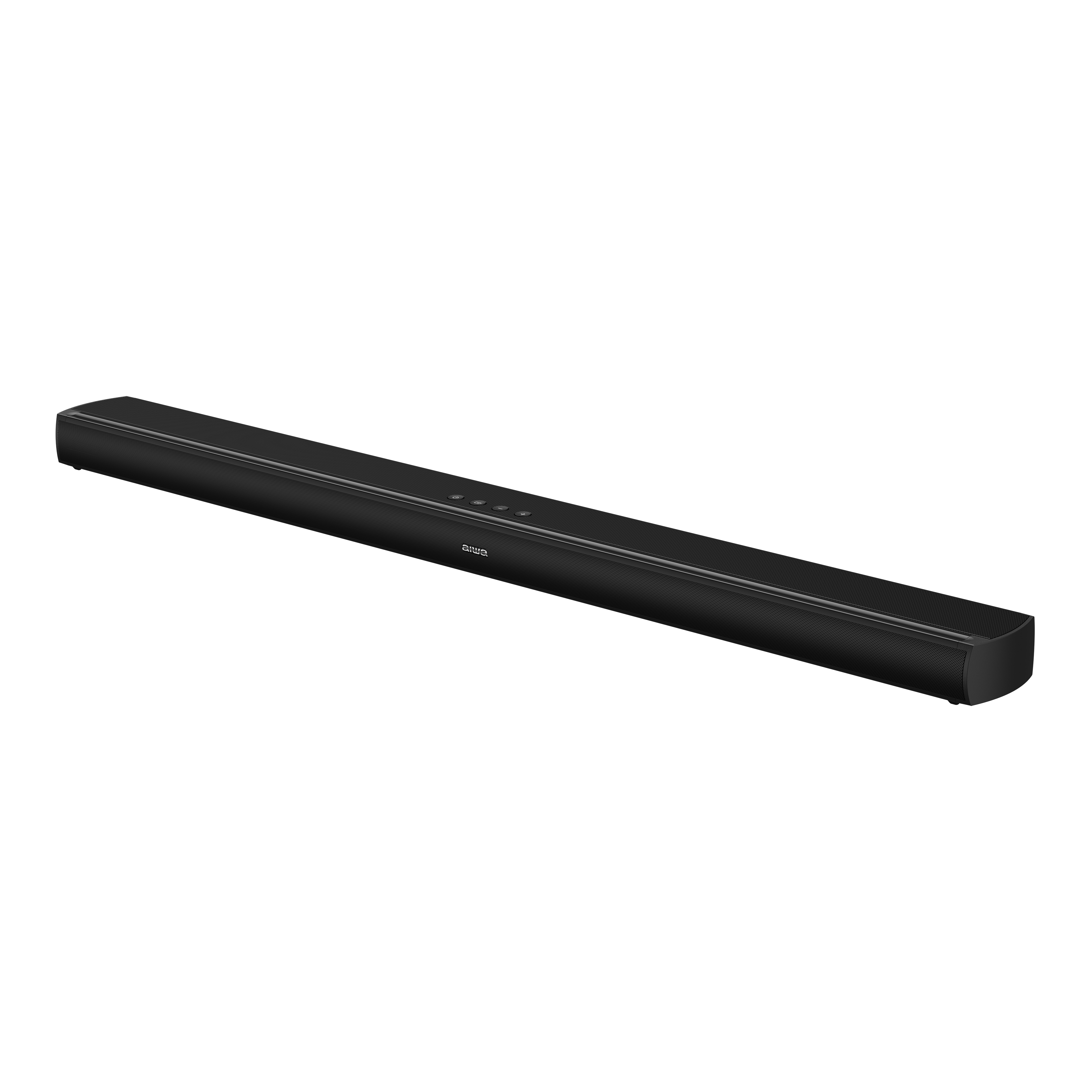 Czarny, smukły soundbar z przyciskami na górze.