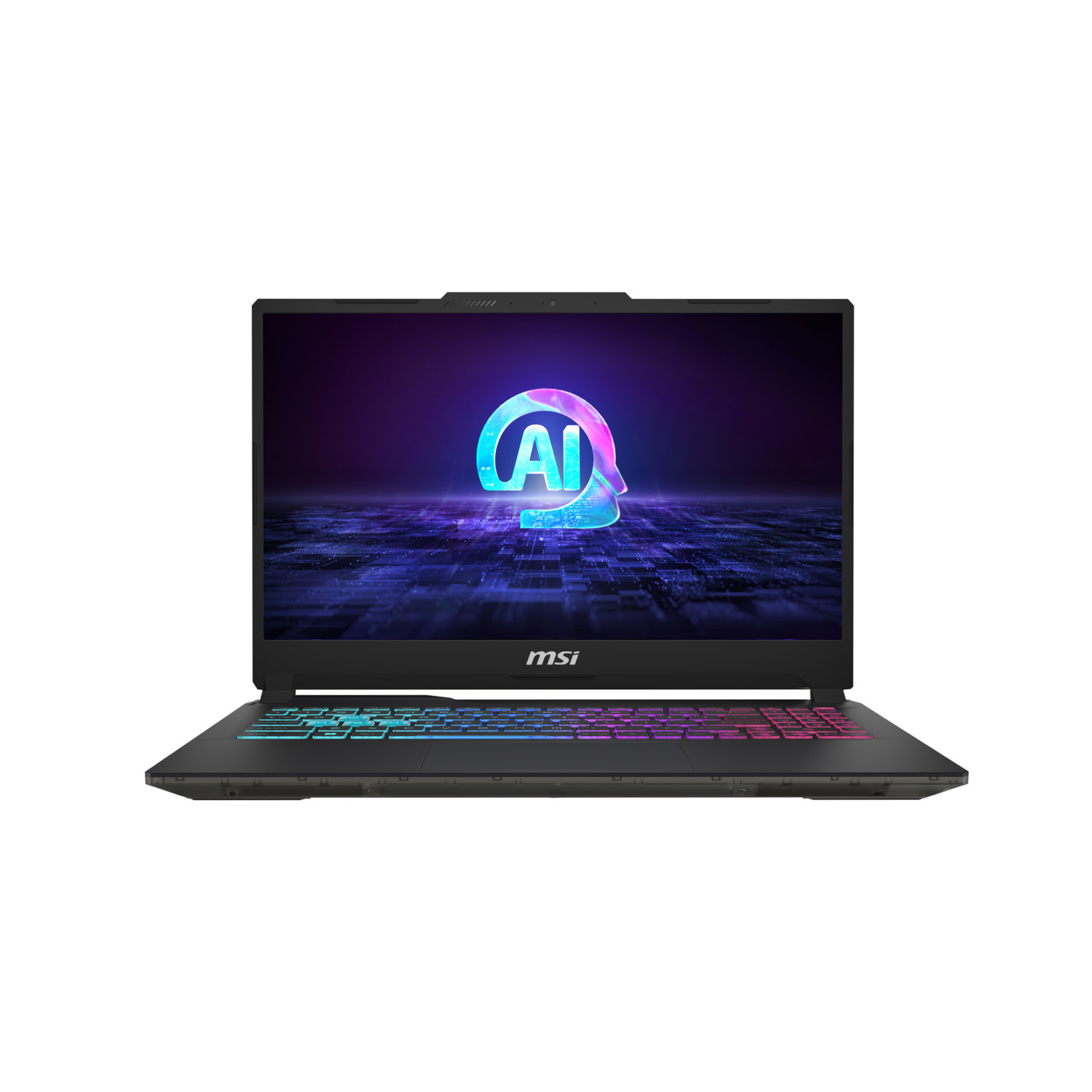 Un laptop MSI nero con tastiera retroilluminata e logo AI sullo schermo.