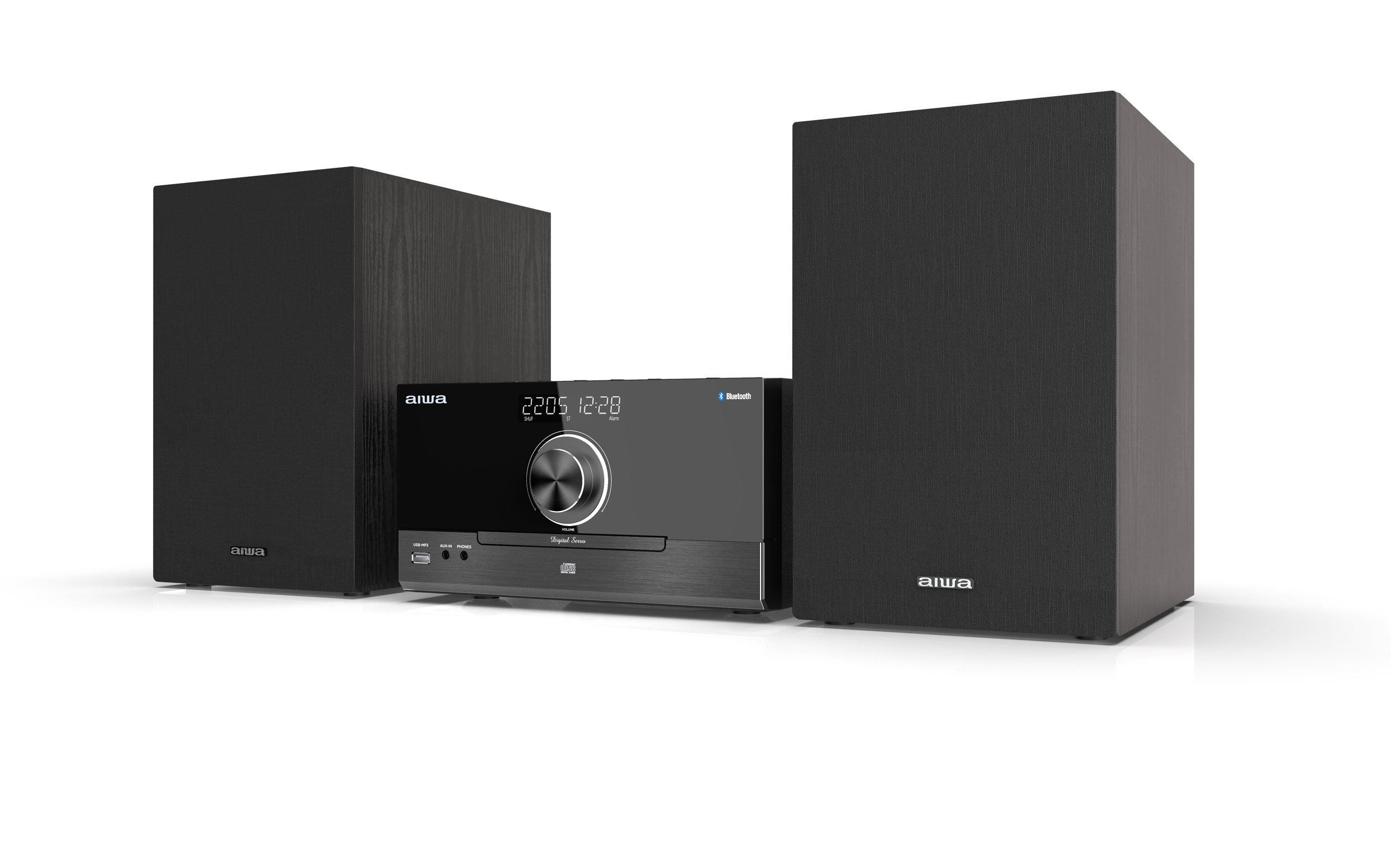 Czarny system stereo Aiwa z dwoma głośnikami i centralną jednostką pokazującą czas i Bluetooth.