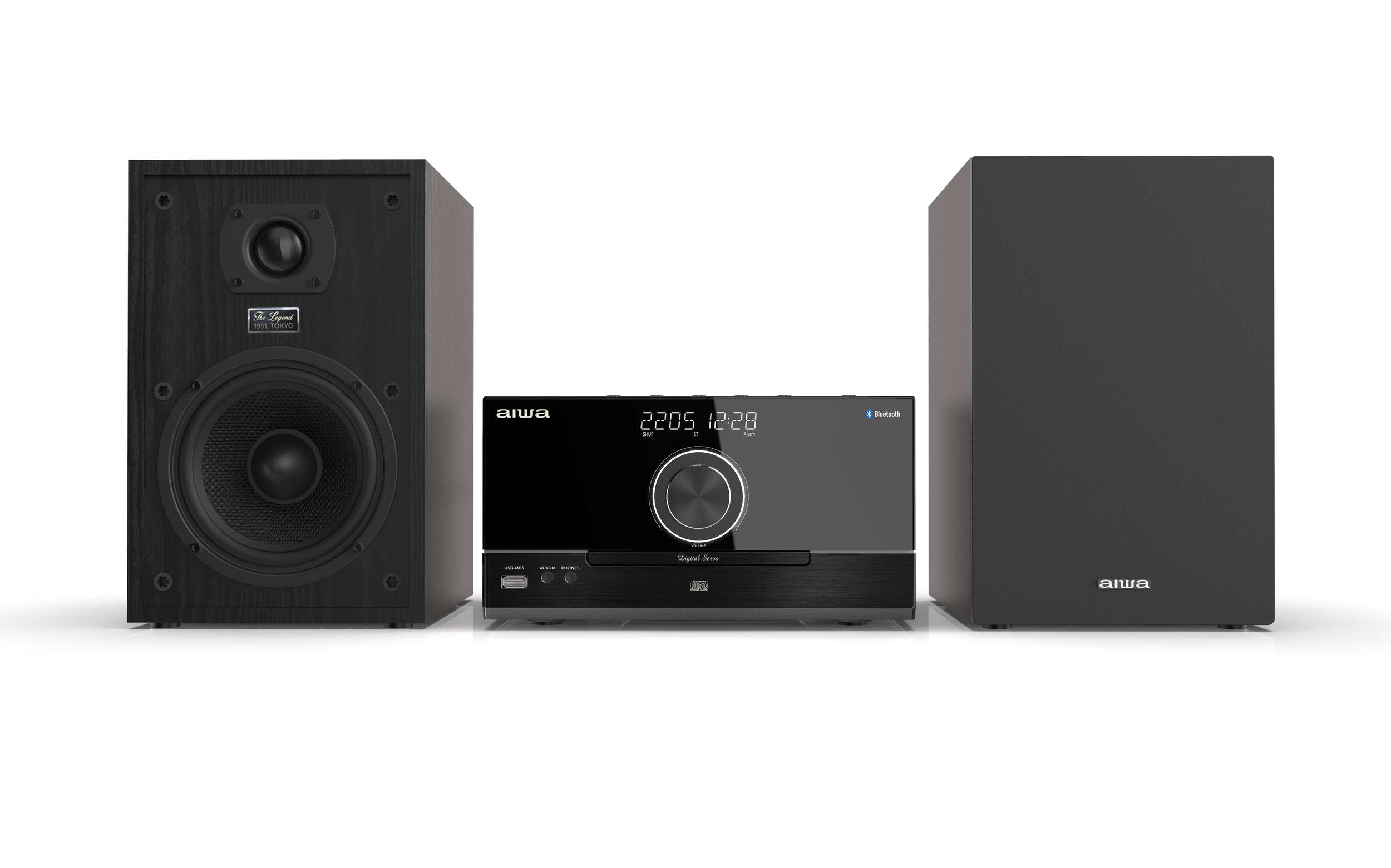 Czarny system stereo Aiwa z dwoma głośnikami i odtwarzaczem CD.