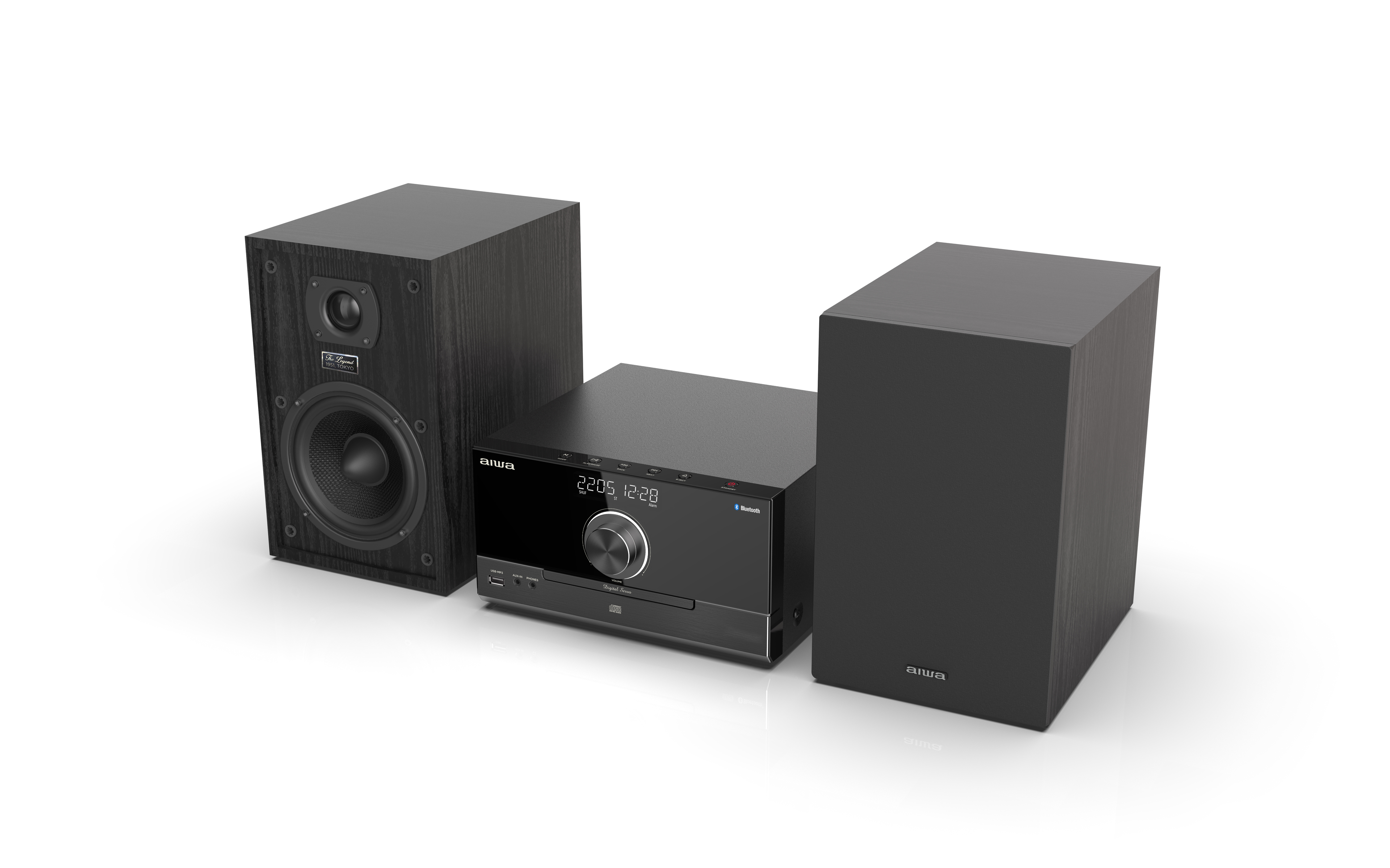 Czarny system stereo Aiwa z dwoma głośnikami i centralną jednostką odbiornika.
