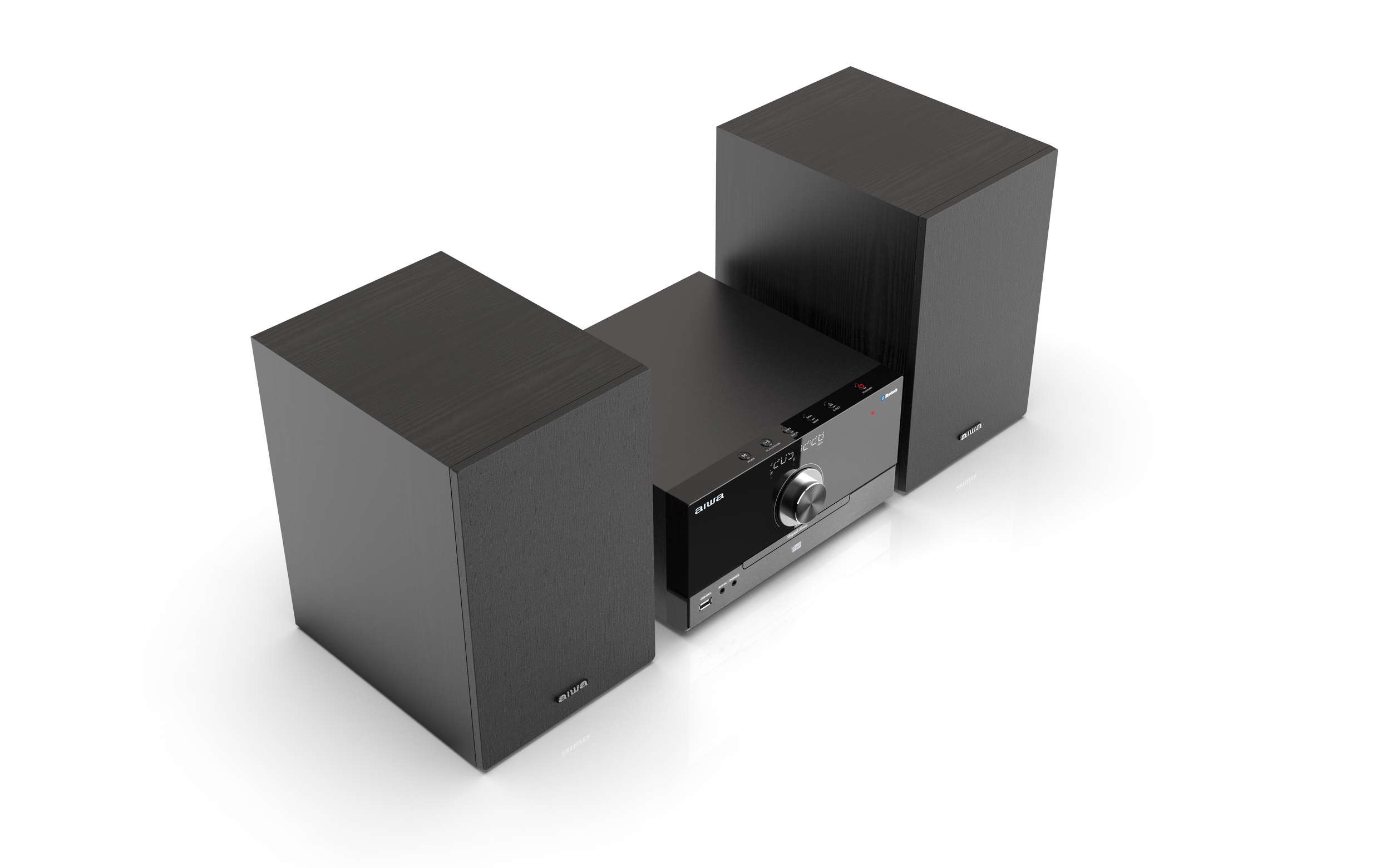 Czarny system stereo Aiwa z dwoma głośnikami na białym tle.