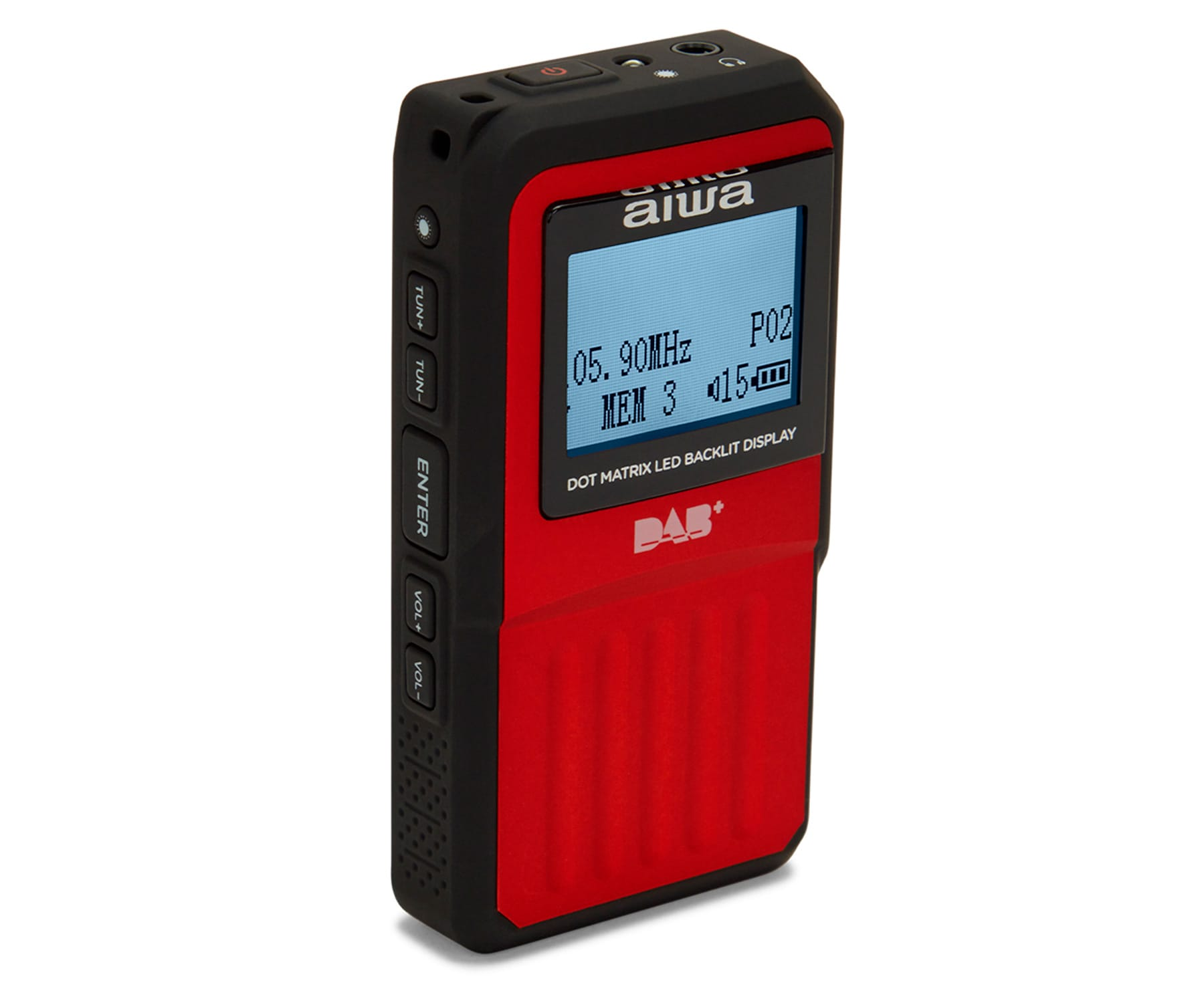 Czerwono-czarne radio Aiwa DAB+ z podświetlanym wyświetlaczem i przyciskami.