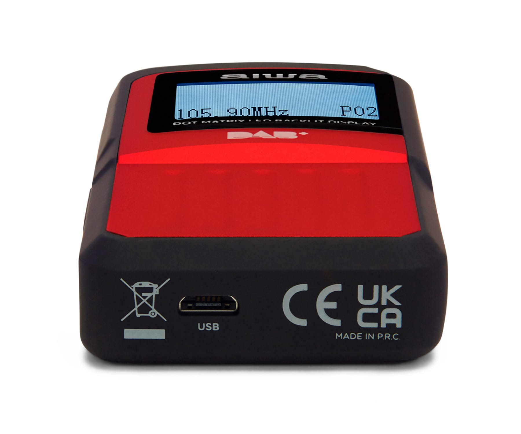 Czerwono-czarne radio Aiwa DAB+ z portem USB i oznaczeniami CE UKCA.