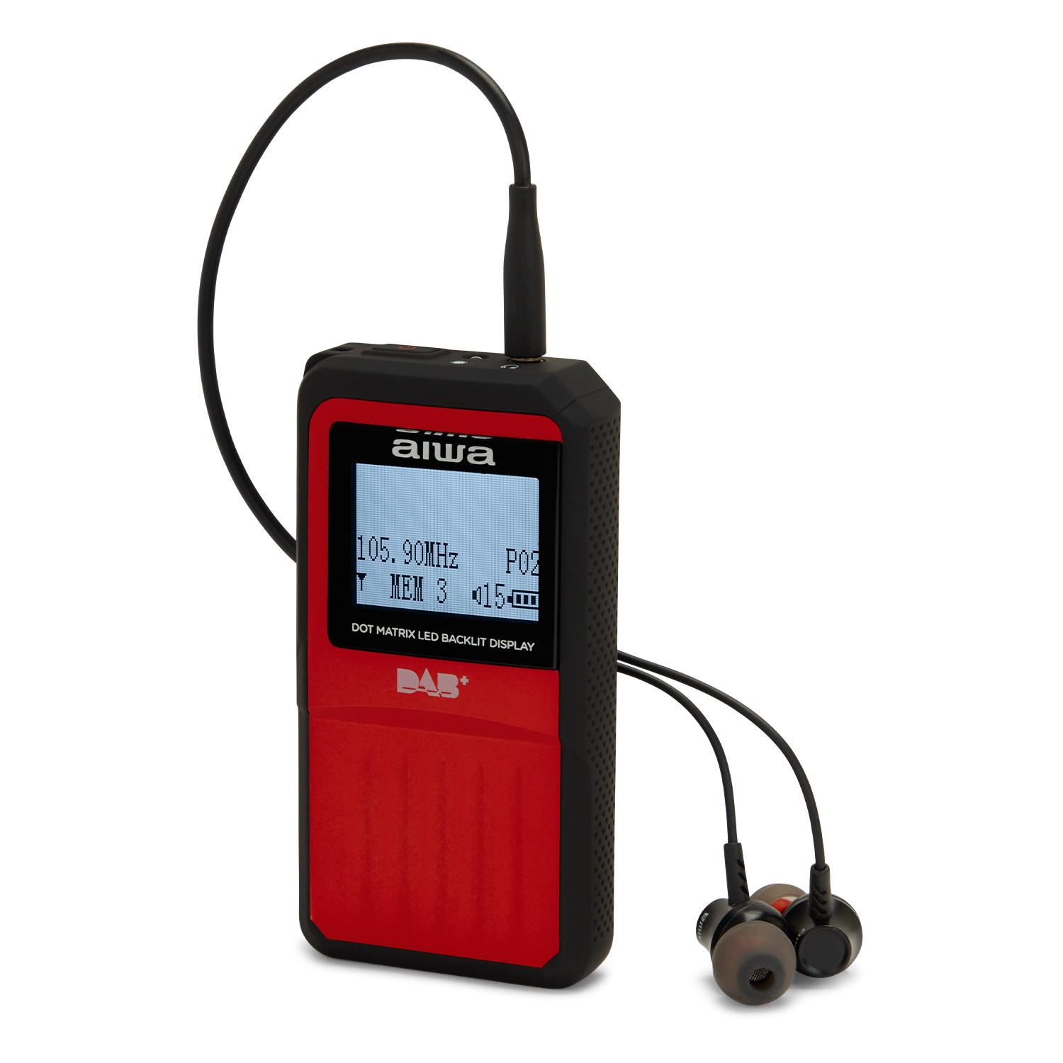 Czerwony odbiornik radiowy Aiwa DAB+ ze słuchawkami, na białym tle.
